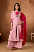 Lorenvalley Fashion Pink Roman Silk Multi Embroidery Thread With Beautiful Hand Work Kurta Palazzo Dupatta