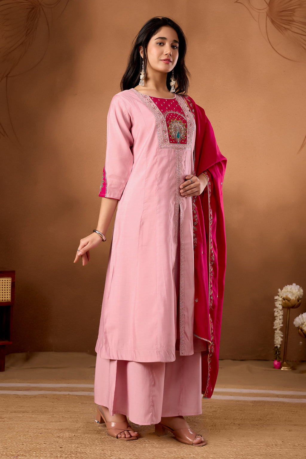 Lorenvalley Fashion Pink Roman Silk Multi Embroidery Thread With Beautiful Hand Work Kurta Palazzo Dupatta