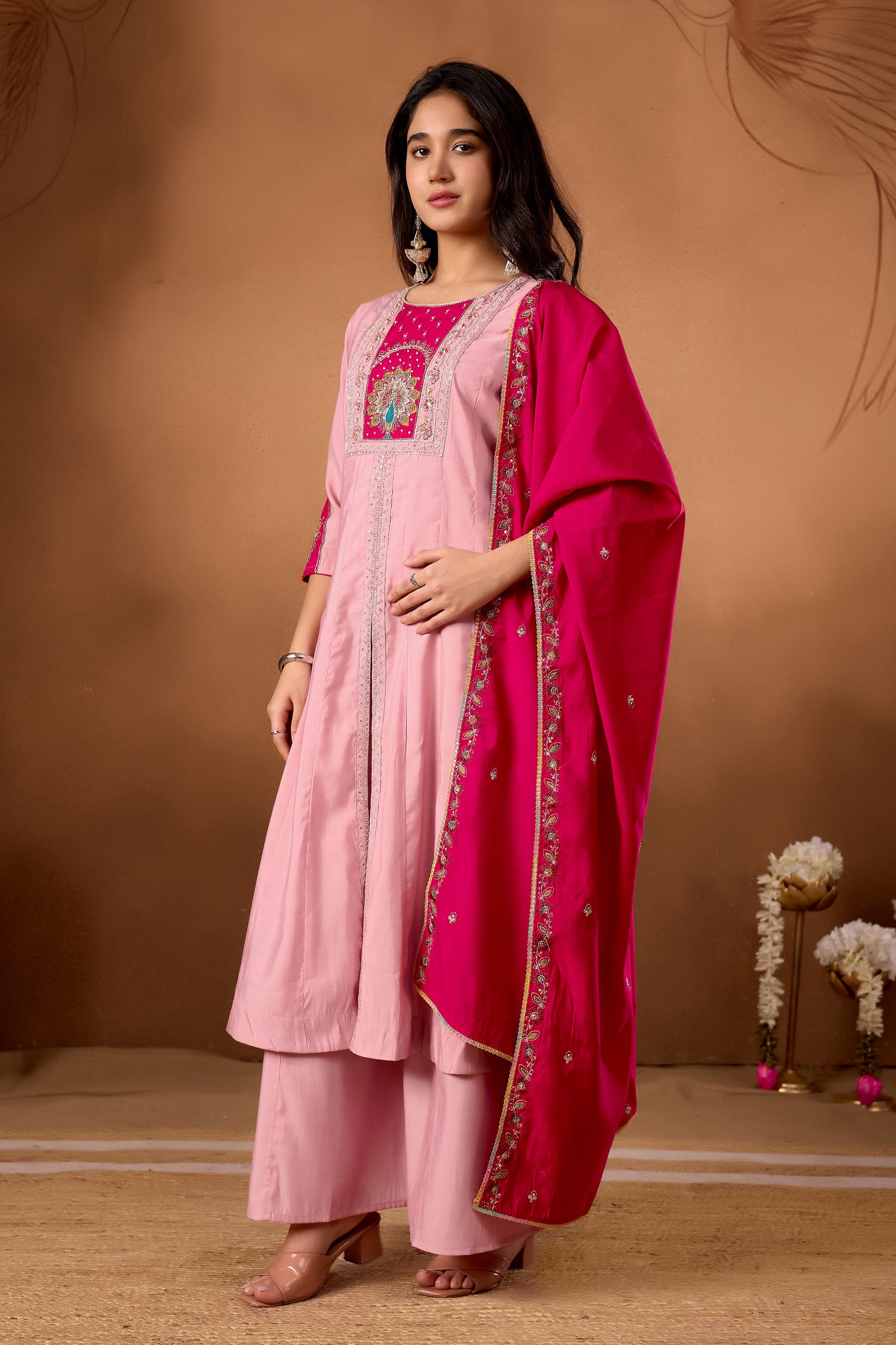 Lorenvalley Fashion Pink Roman Silk Multi Embroidery Thread With Beautiful Hand Work Kurta Palazzo Dupatta