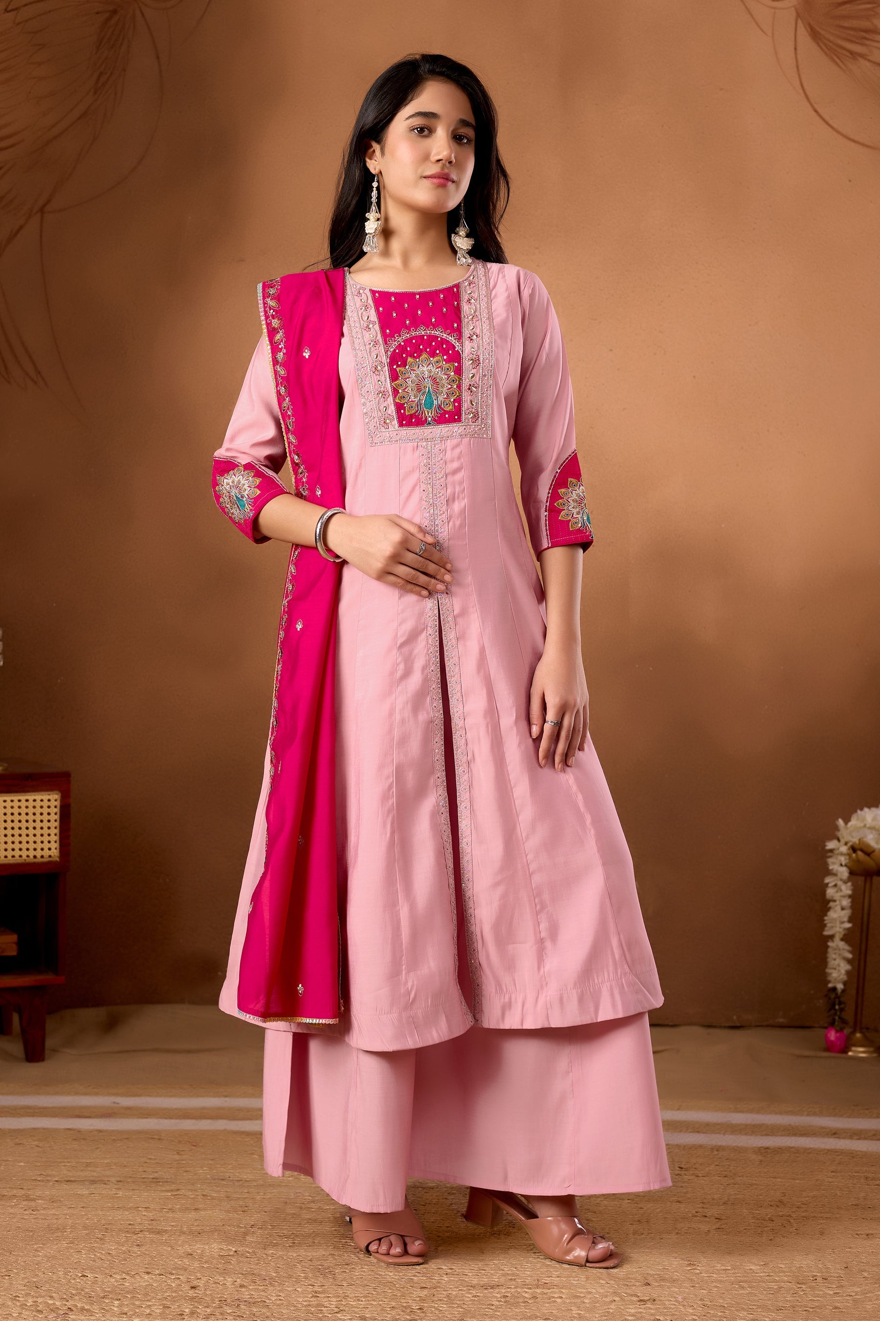 Lorenvalley Fashion Pink Roman Silk Multi Embroidery Thread With Beautiful Hand Work Kurta Palazzo Dupatta