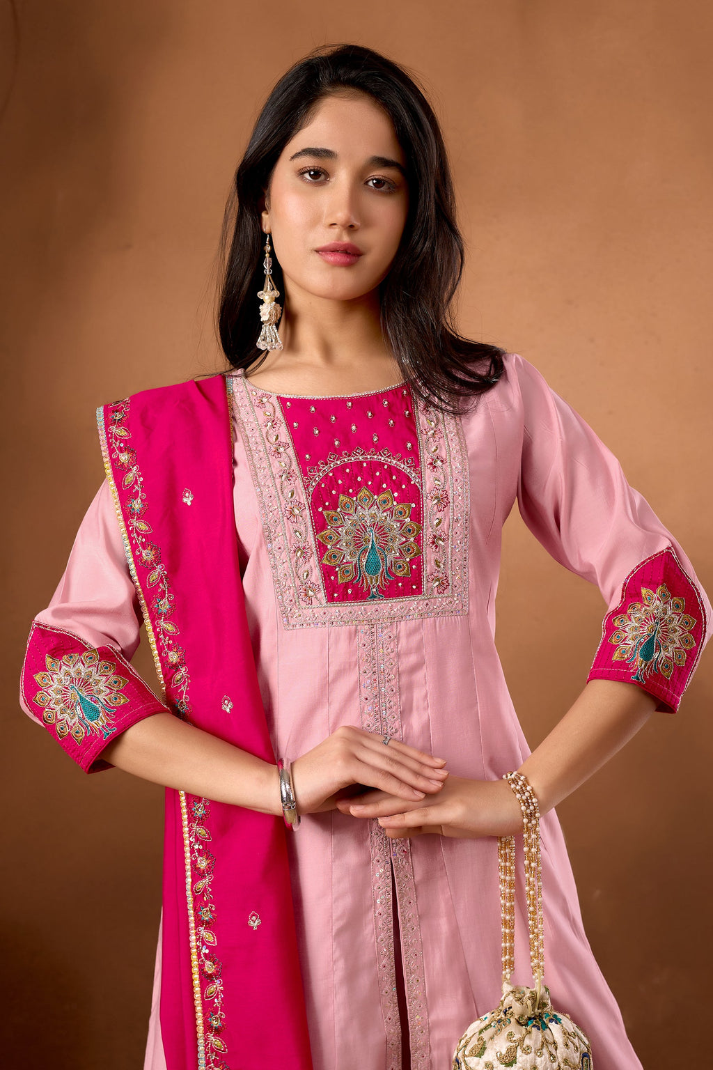 Lorenvalley Fashion Pink Roman Silk Multi Embroidery Thread With Beautiful Hand Work Kurta Palazzo Dupatta