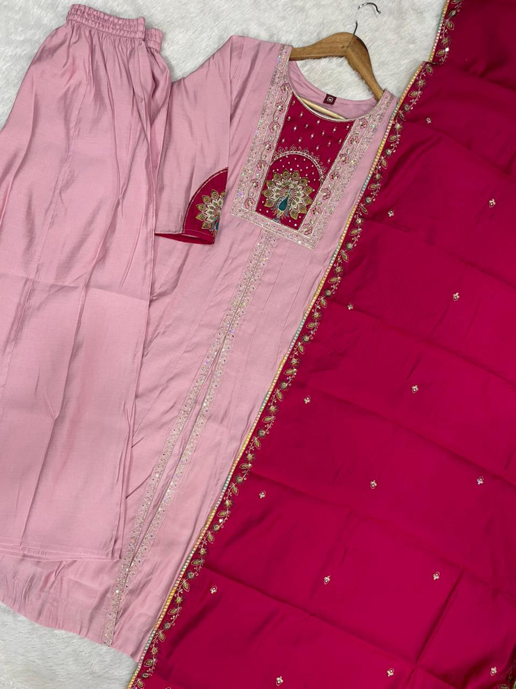 Lorenvalley Fashion Pink Roman Silk Multi Embroidery Thread With Beautiful Hand Work Kurta Palazzo Dupatta