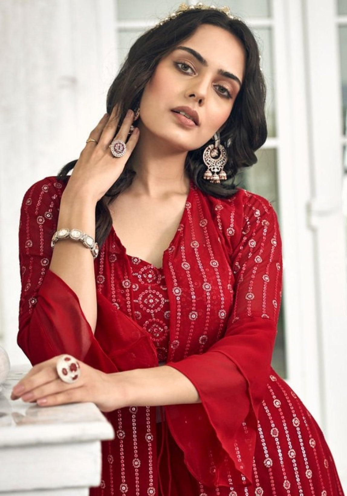 Anaita Red Georgette Stitched Shrug Suit With Sequence Thread Work