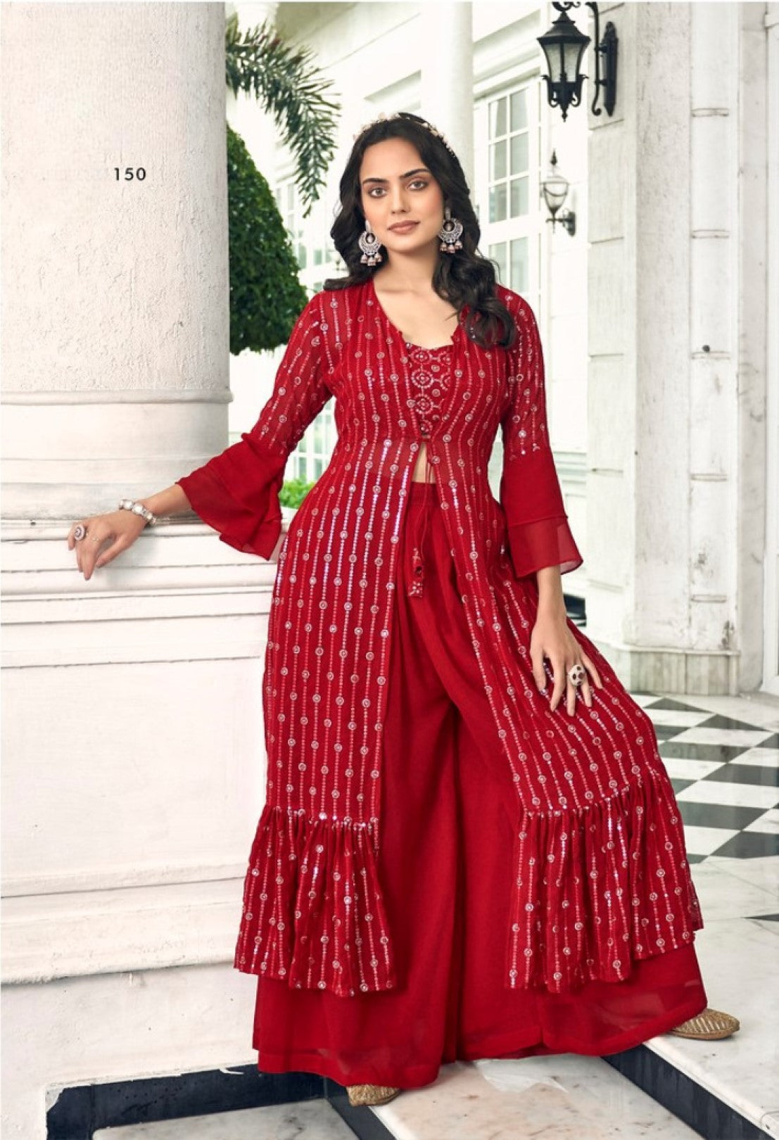 Anaita Red Georgette Stitched Shrug Suit With Sequence Thread Work