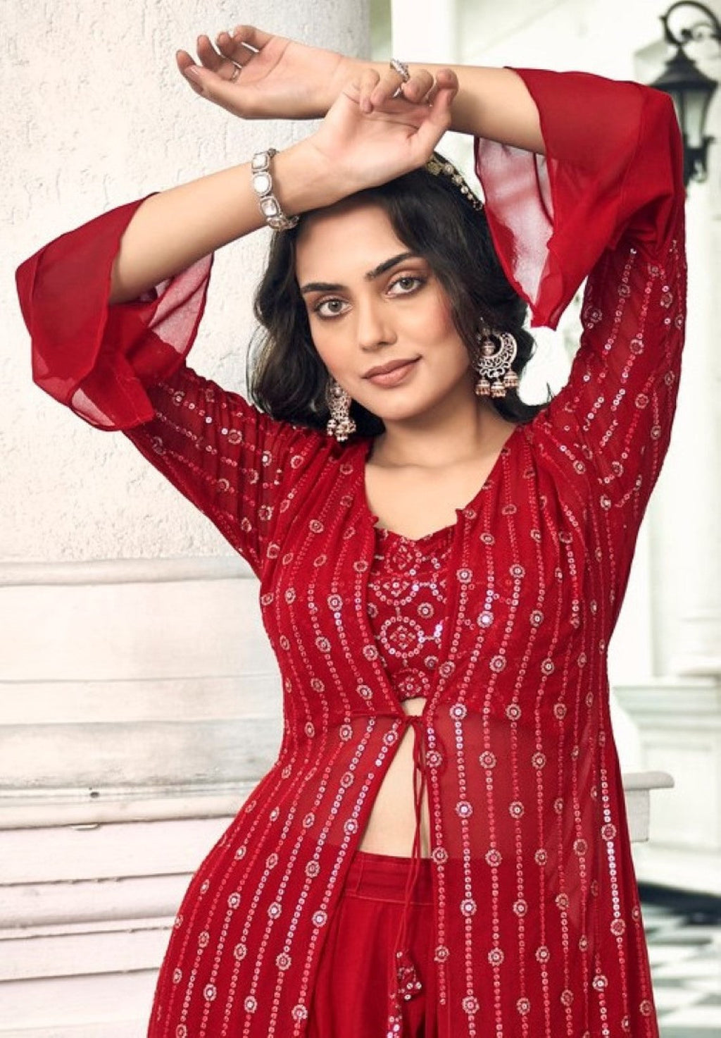 Anaita Red Georgette Stitched Shrug Suit With Sequence Thread Work