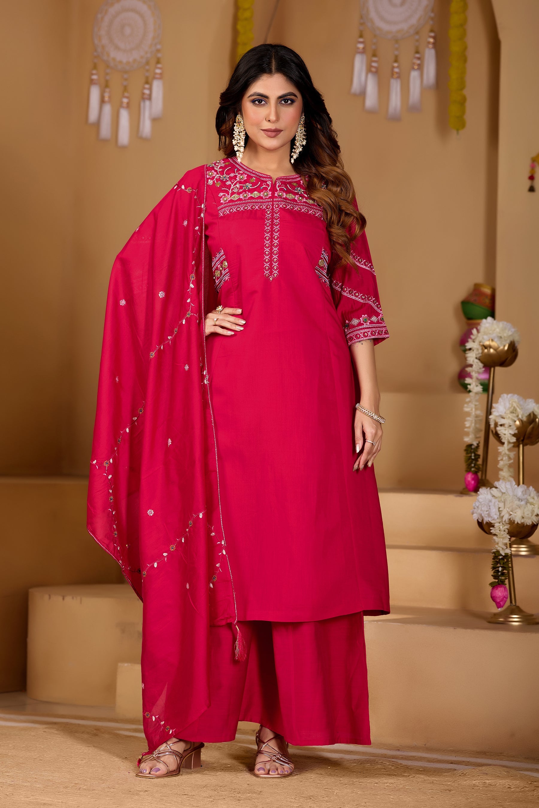 Lorenvalley Fashion Ranipink Viscose Mango Silk Multi Embroidery Thread with Hand Work Kurta Palazzo Dupatta