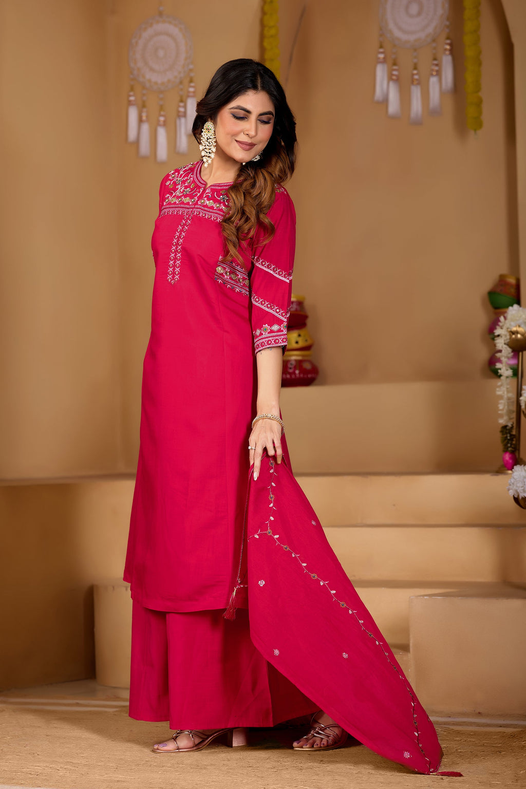 Lorenvalley Fashion Ranipink Viscose Mango Silk Multi Embroidery Thread with Hand Work Kurta Palazzo Dupatta