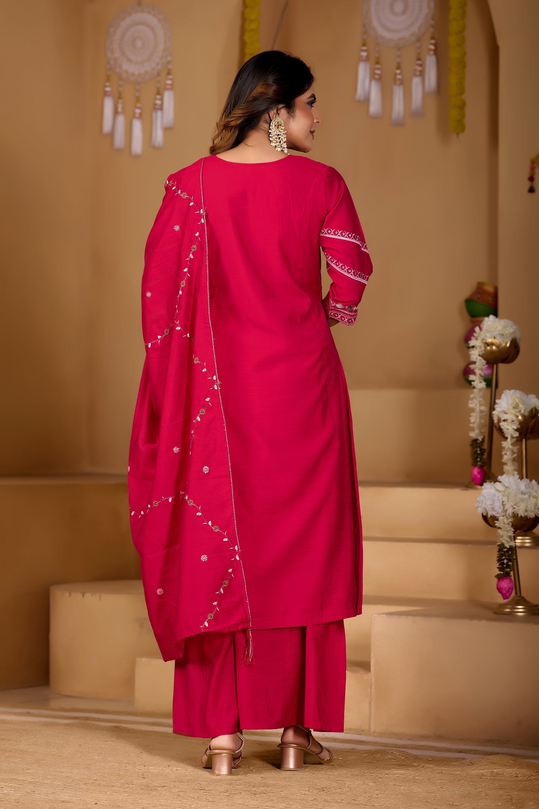 Lorenvalley Fashion Ranipink Viscose Mango Silk Multi Embroidery Thread with Hand Work Kurta Palazzo Dupatta
