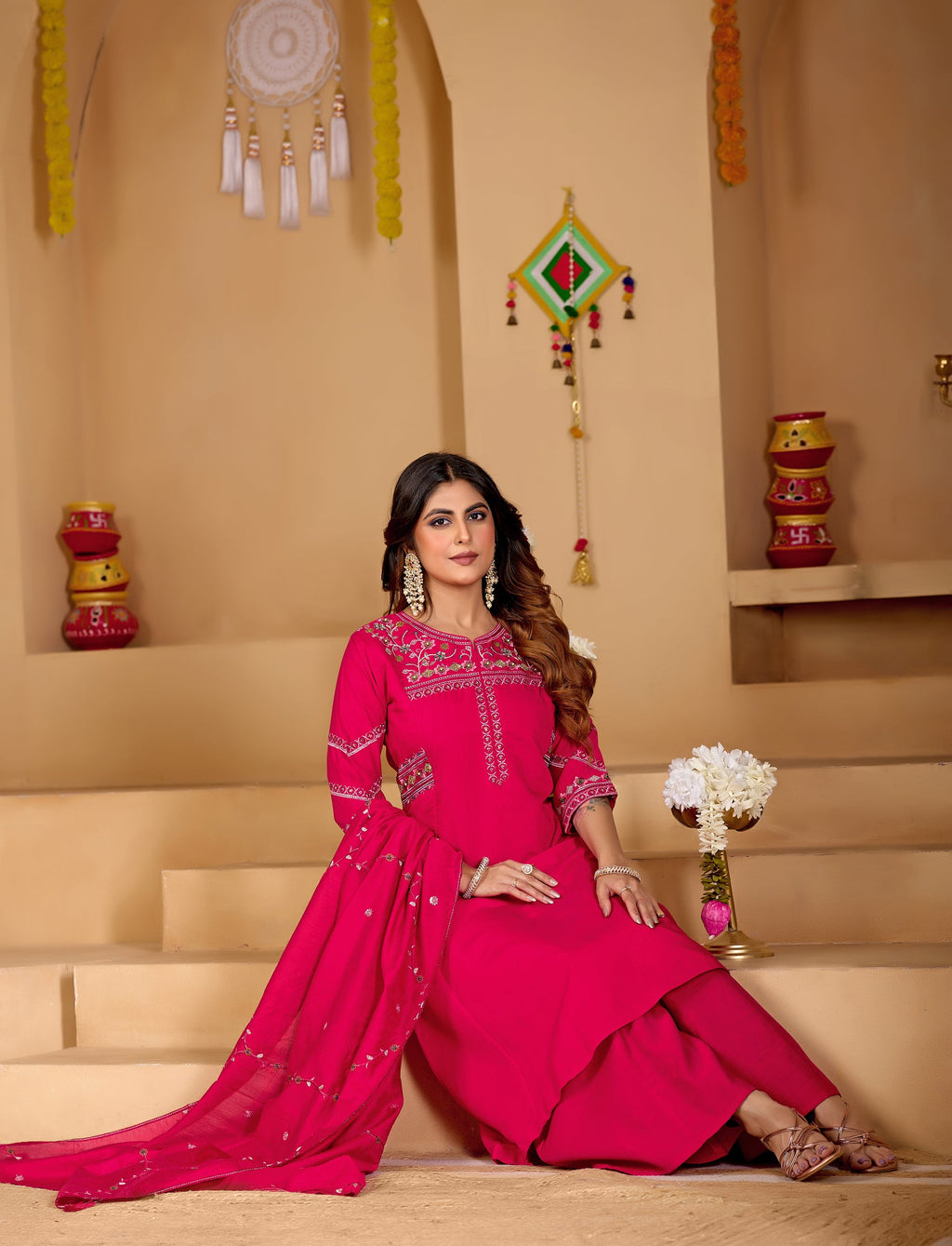 Lorenvalley Fashion Ranipink Viscose Mango Silk Multi Embroidery Thread with Hand Work Kurta Palazzo Dupatta