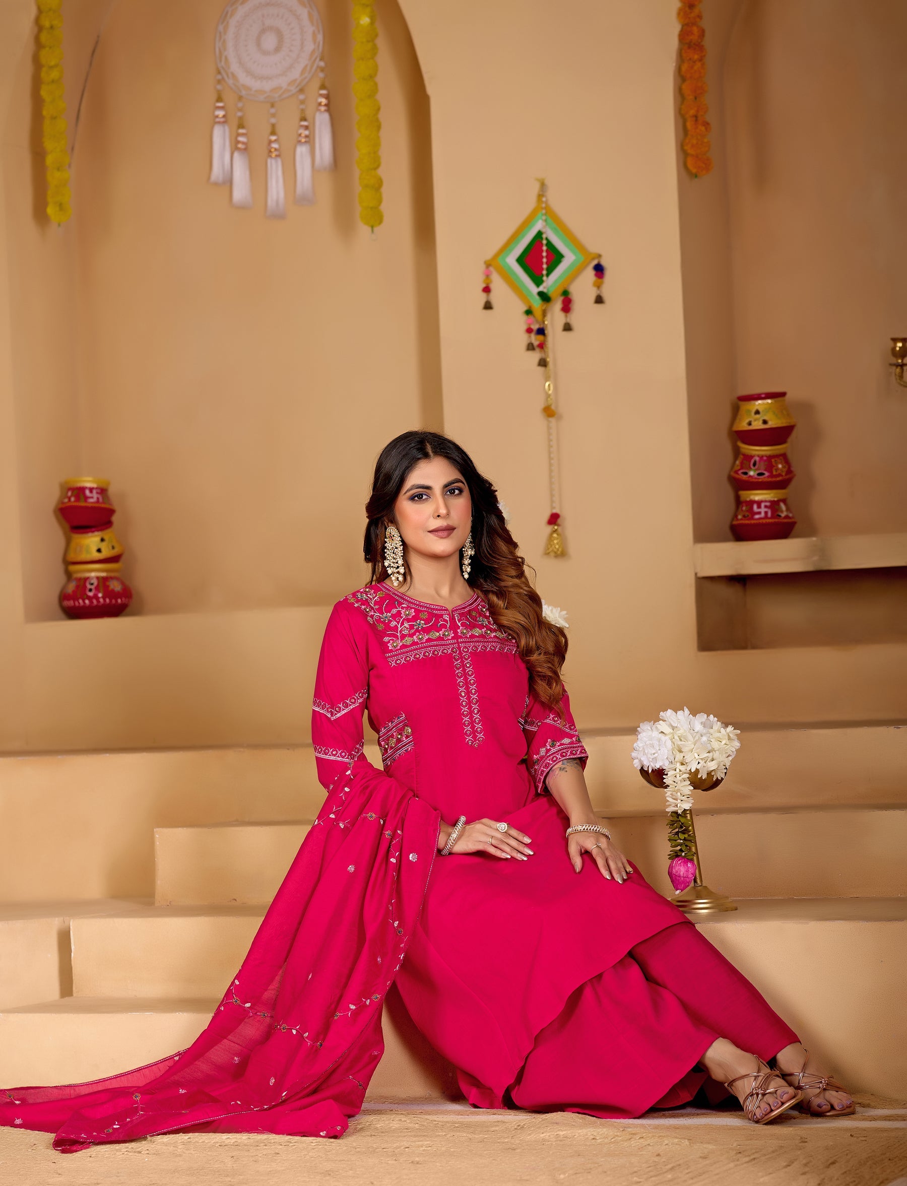 Lorenvalley Fashion Ranipink Viscose Mango Silk Multi Embroidery Thread with Hand Work Kurta Palazzo Dupatta