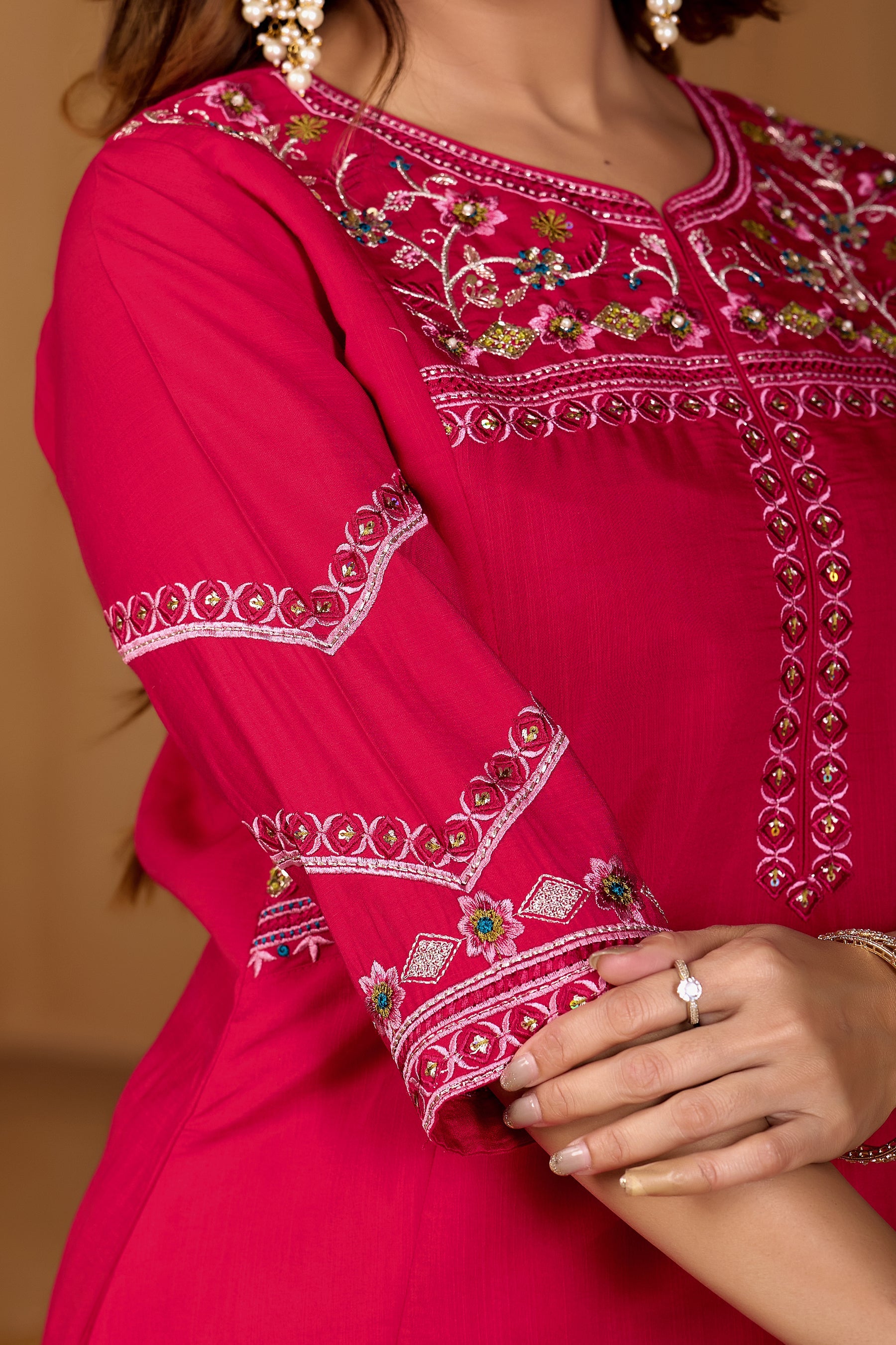 Lorenvalley Fashion Ranipink Viscose Mango Silk Multi Embroidery Thread with Hand Work Kurta Palazzo Dupatta