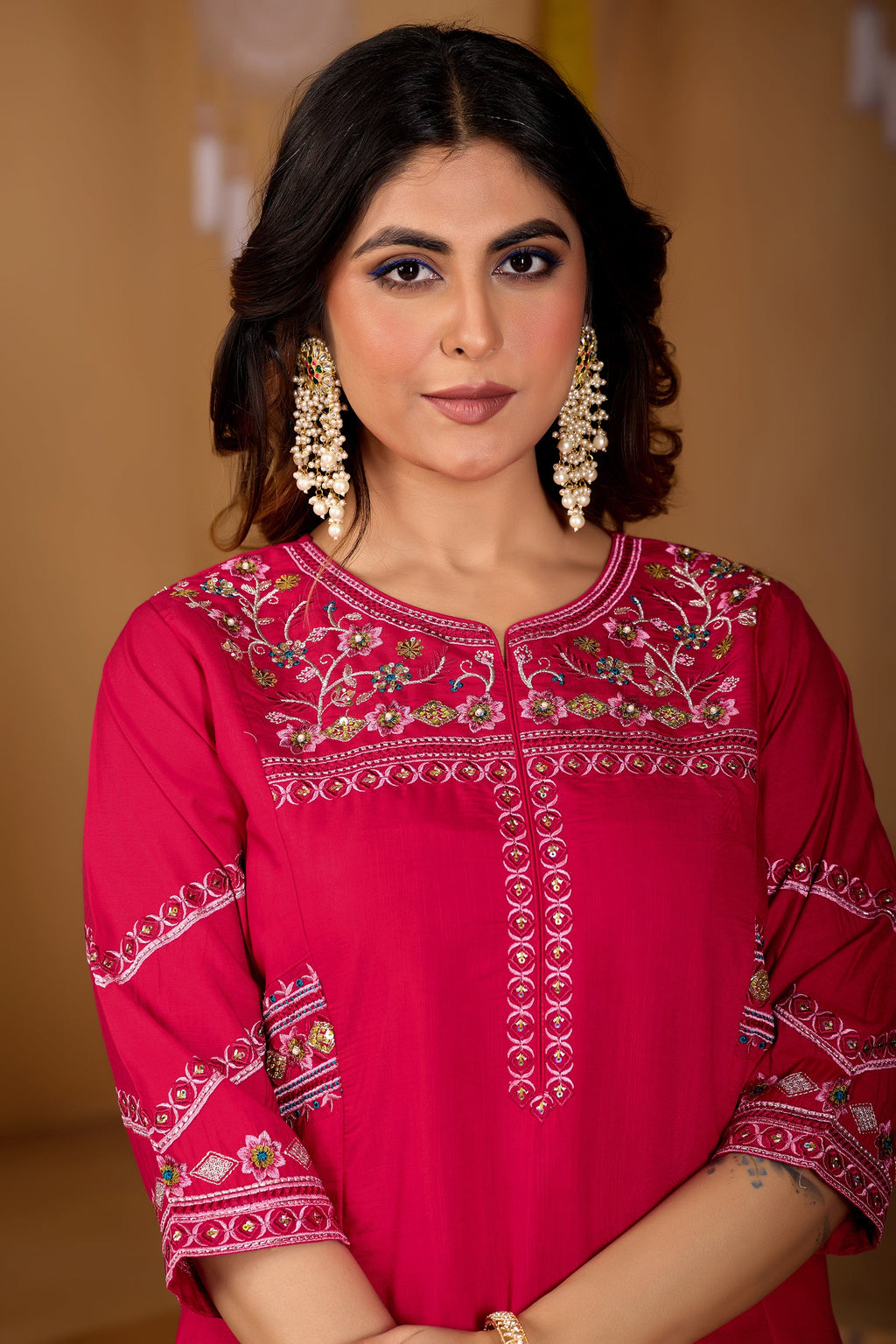Lorenvalley Fashion Ranipink Viscose Mango Silk Multi Embroidery Thread with Hand Work Kurta Palazzo Dupatta