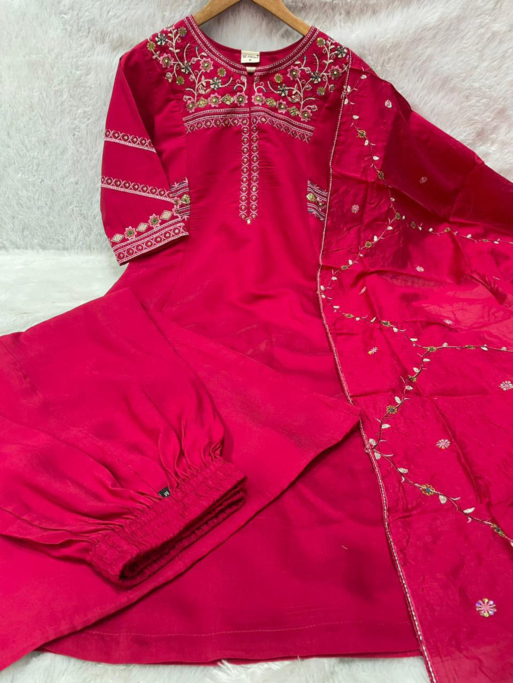 Lorenvalley Fashion Ranipink Viscose Mango Silk Multi Embroidery Thread with Hand Work Kurta Palazzo Dupatta