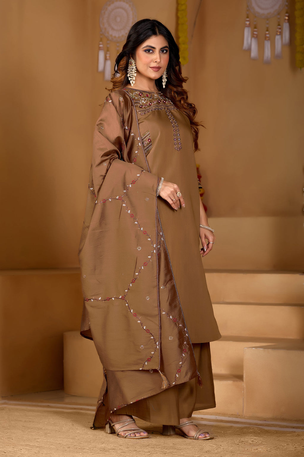 Lorenvalley Fashion Brown Viscose Mango Silk Multi Embroidery Thread with Hand Work Kurta Palazzo Dupatta