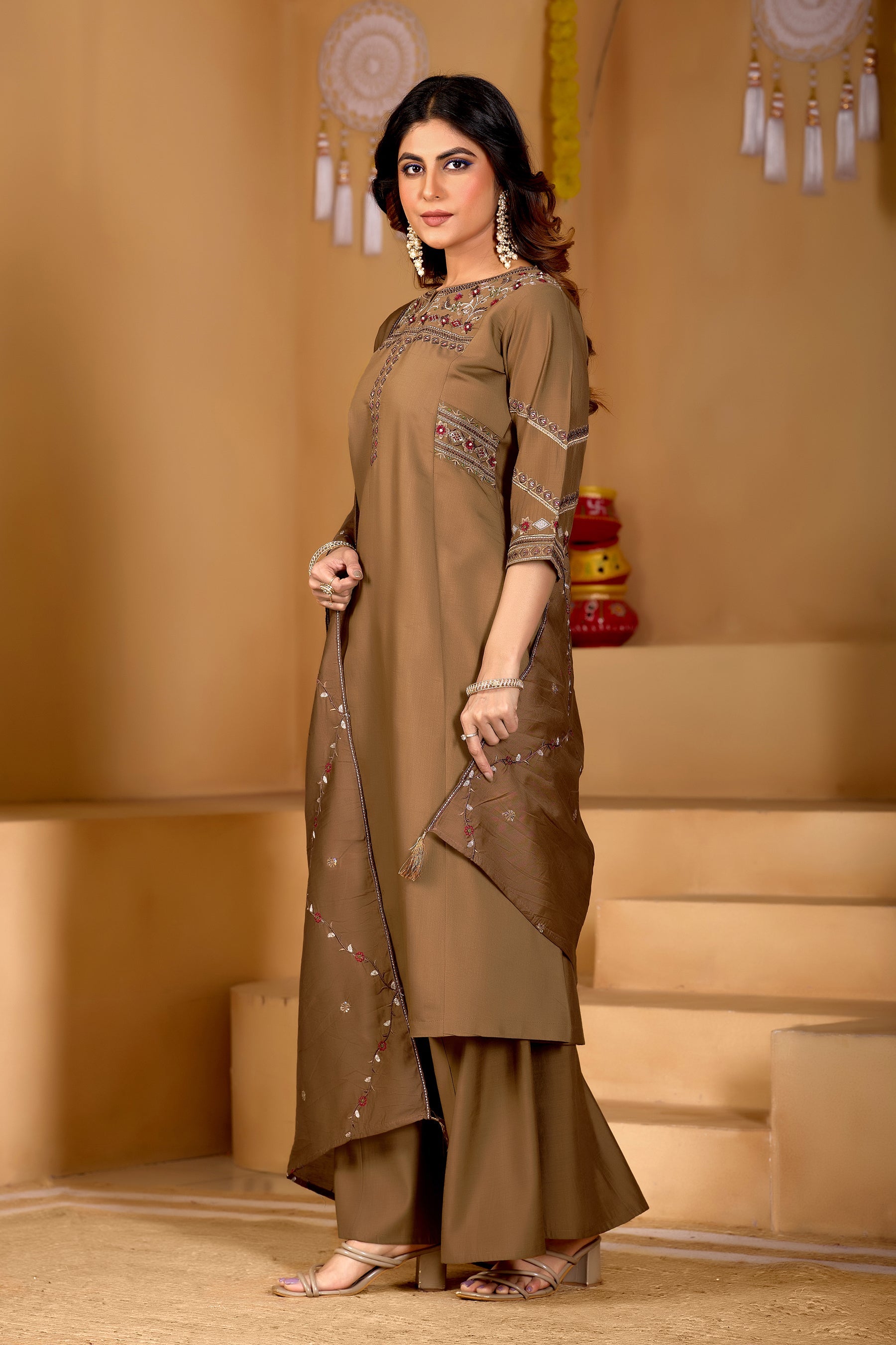 Lorenvalley Fashion Brown Viscose Mango Silk Multi Embroidery Thread with Hand Work Kurta Palazzo Dupatta
