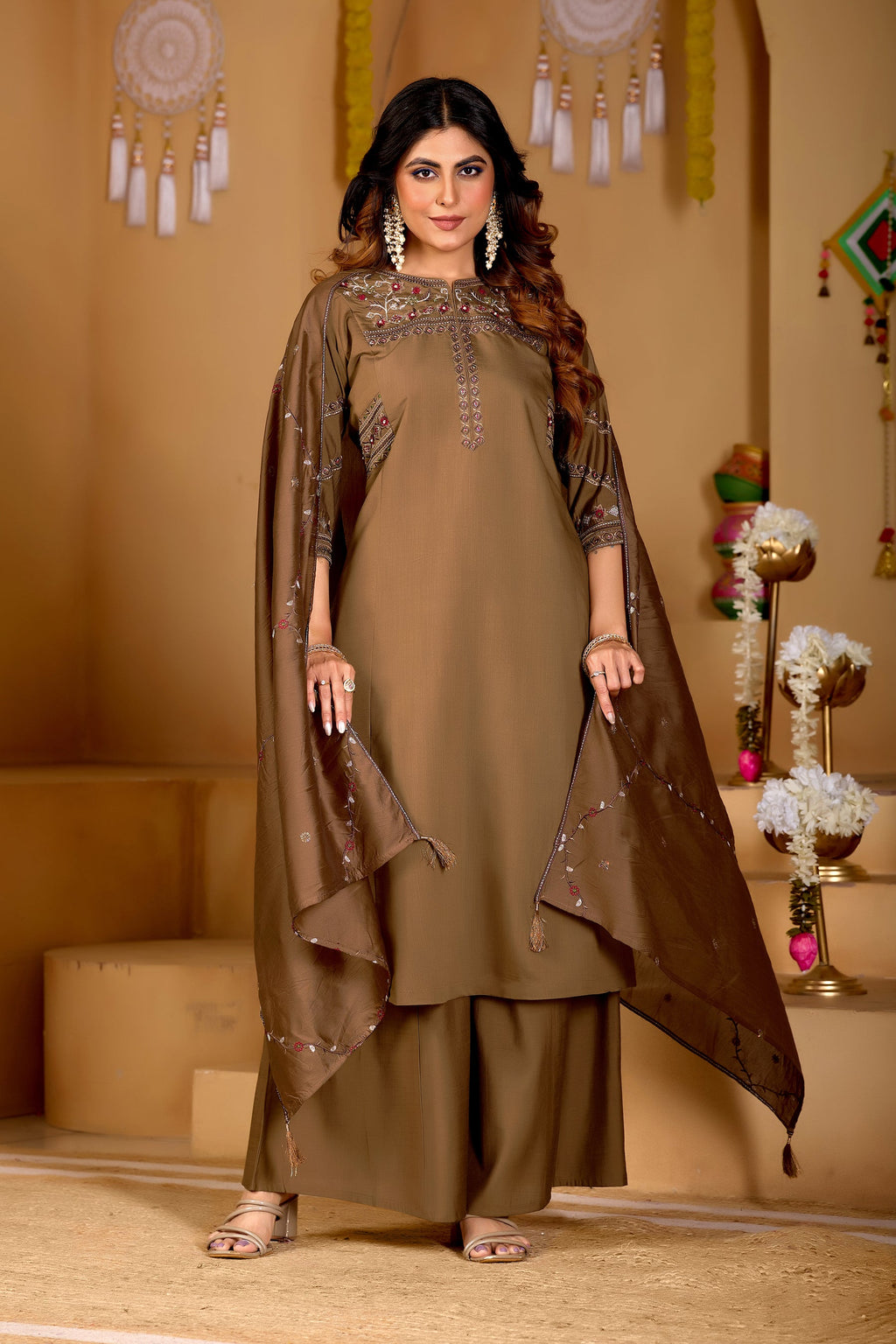 Lorenvalley Fashion Brown Viscose Mango Silk Multi Embroidery Thread with Hand Work Kurta Palazzo Dupatta