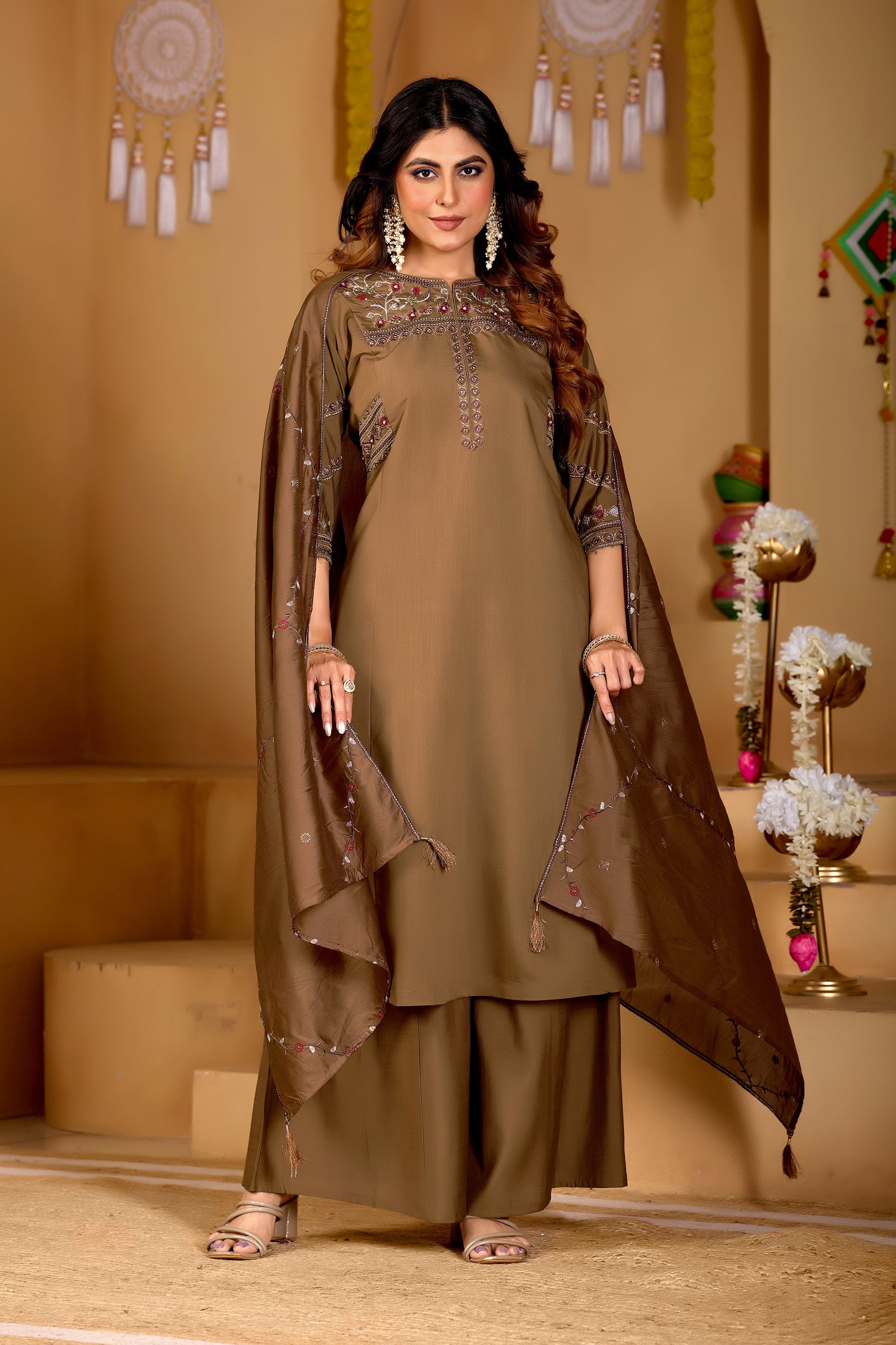 Lorenvalley Fashion Brown Viscose Mango Silk Multi Embroidery Thread with Hand Work Kurta Palazzo Dupatta