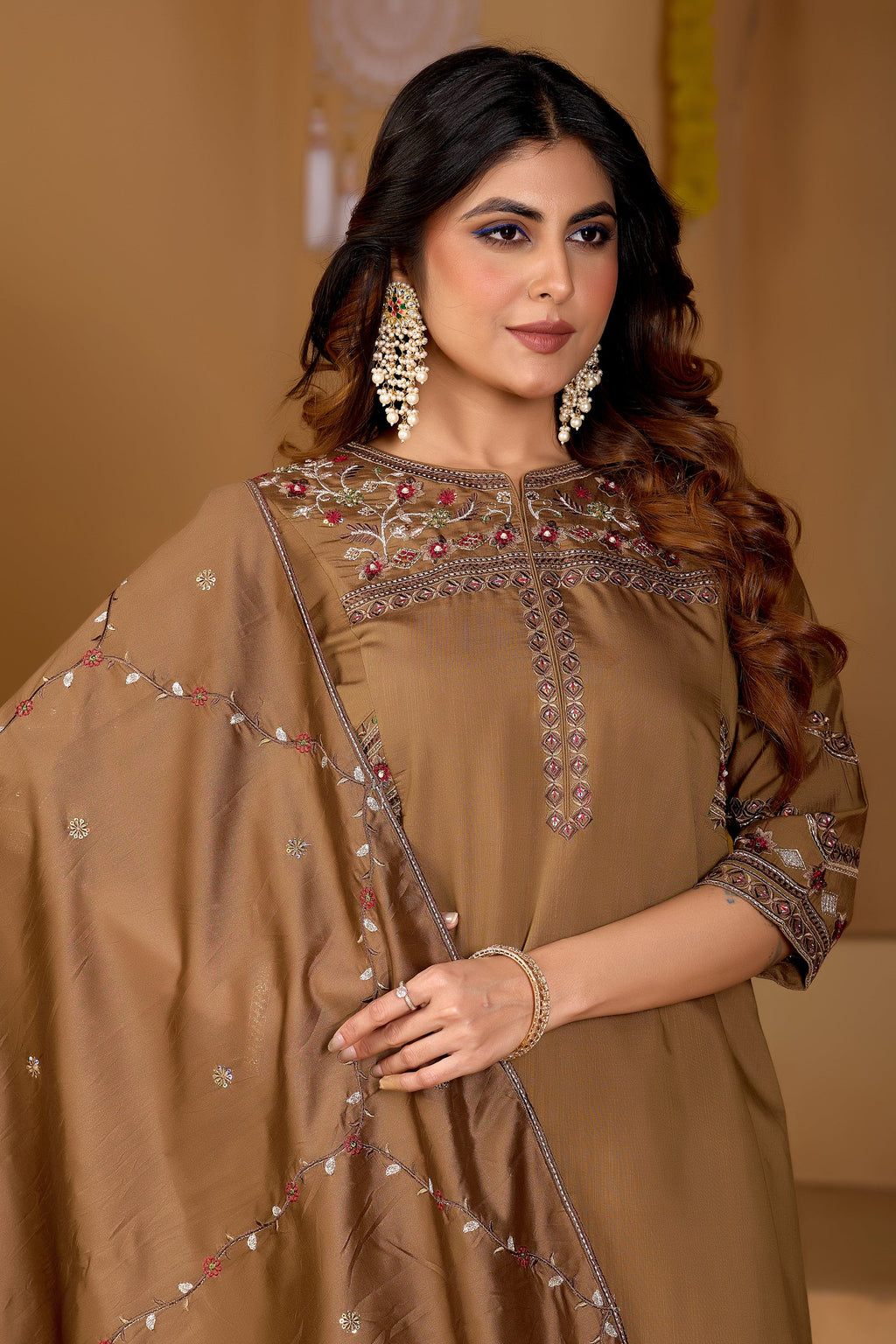 Lorenvalley Fashion Brown Viscose Mango Silk Multi Embroidery Thread with Hand Work Kurta Palazzo Dupatta