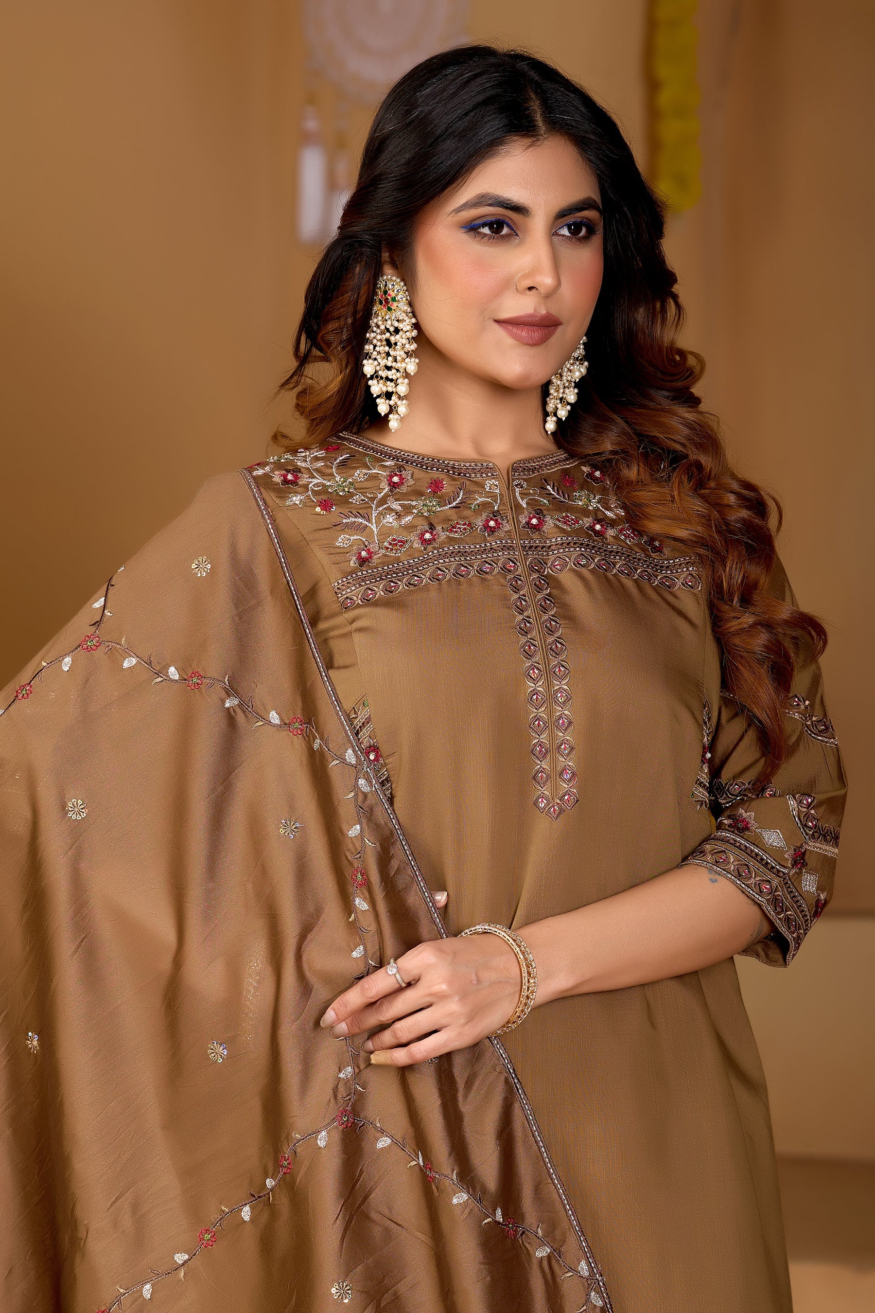 Lorenvalley Fashion Brown Viscose Mango Silk Multi Embroidery Thread with Hand Work Kurta Palazzo Dupatta