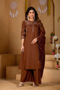 Lorenvalley Fashion Coffee Viscose Mango Silk Multi Embroidery Thread with Hand Work Kurta Palazzo Dupatta