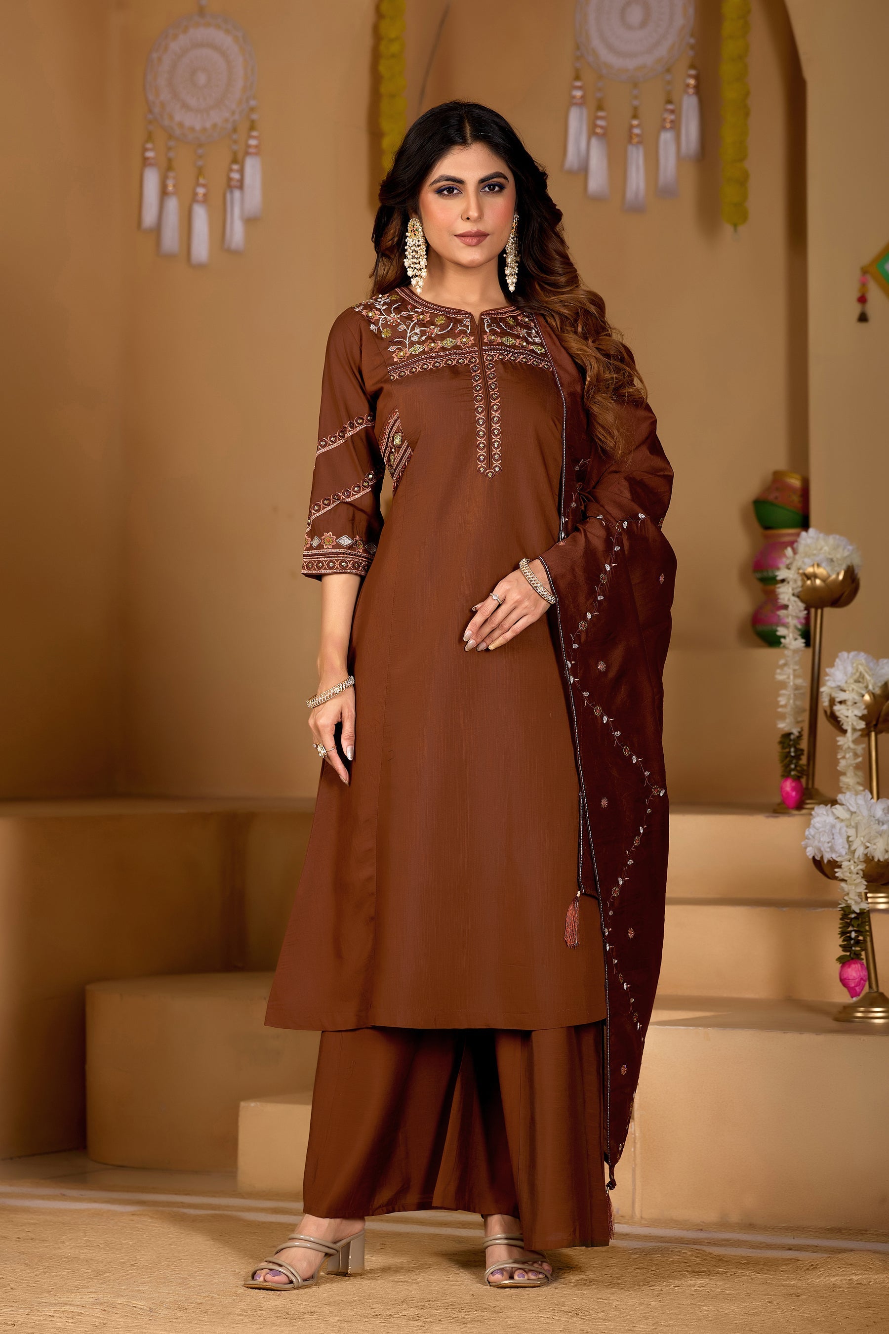 Lorenvalley Fashion Coffee Viscose Mango Silk Multi Embroidery Thread with Hand Work Kurta Palazzo Dupatta