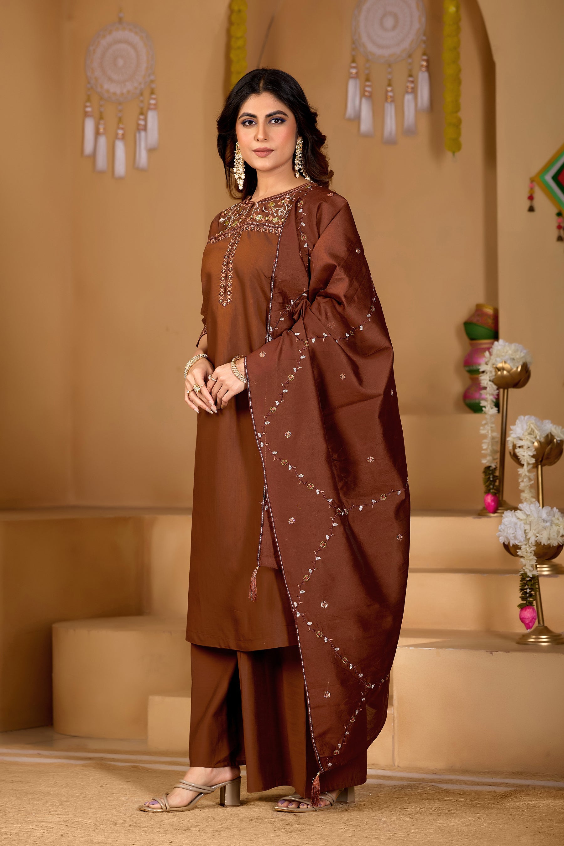 Lorenvalley Fashion Coffee Viscose Mango Silk Multi Embroidery Thread with Hand Work Kurta Palazzo Dupatta