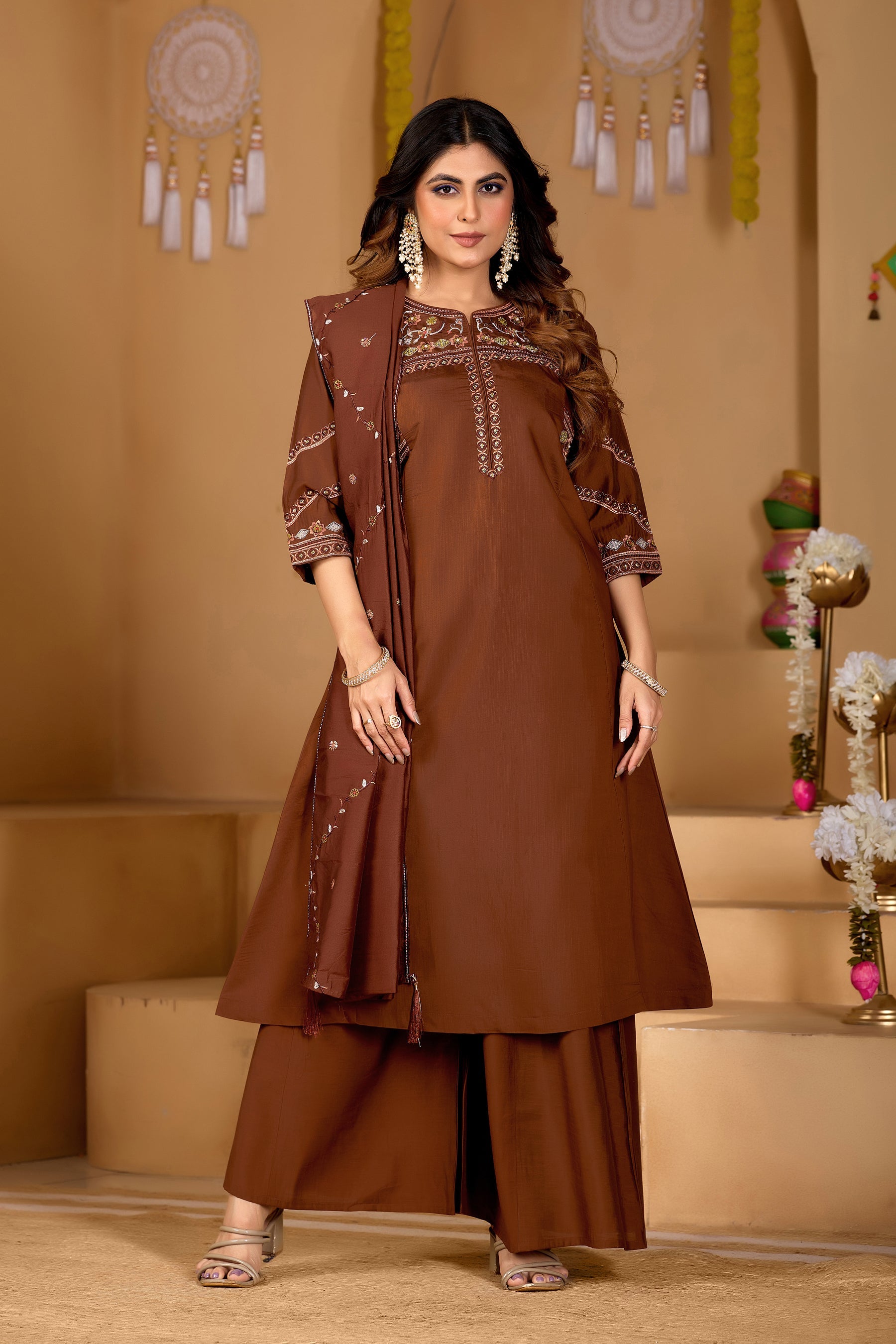 Lorenvalley Fashion Coffee Viscose Mango Silk Multi Embroidery Thread with Hand Work Kurta Palazzo Dupatta