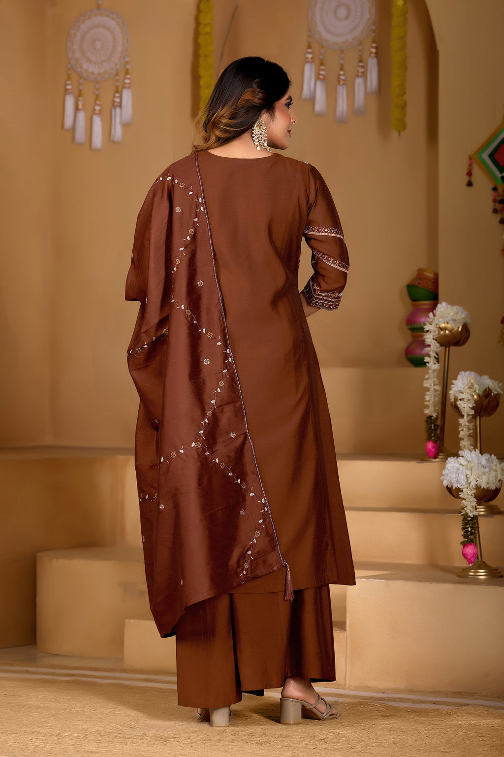 Lorenvalley Fashion Coffee Viscose Mango Silk Multi Embroidery Thread with Hand Work Kurta Palazzo Dupatta