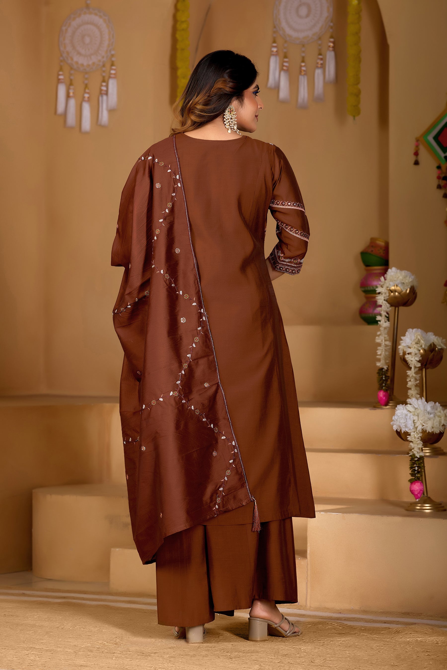 Lorenvalley Fashion Coffee Viscose Mango Silk Multi Embroidery Thread with Hand Work Kurta Palazzo Dupatta