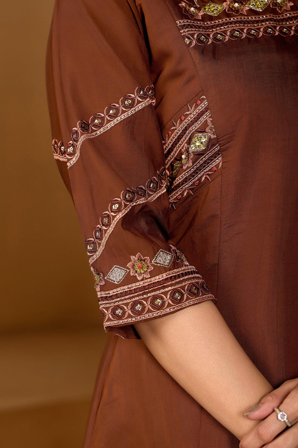 Lorenvalley Fashion Coffee Viscose Mango Silk Multi Embroidery Thread with Hand Work Kurta Palazzo Dupatta