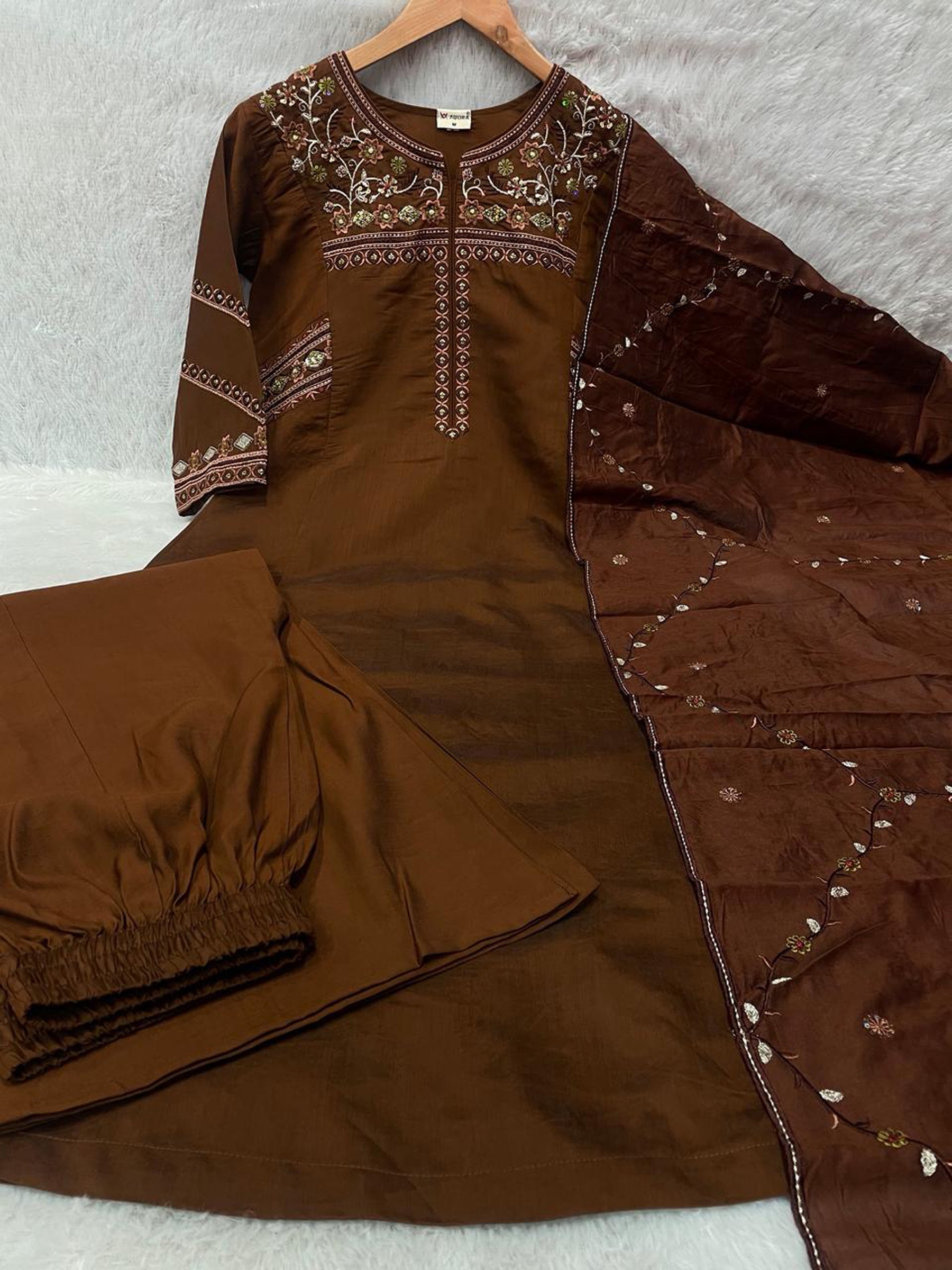 Lorenvalley Fashion Coffee Viscose Mango Silk Multi Embroidery Thread with Hand Work Kurta Palazzo Dupatta