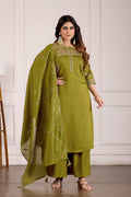 Lorenvalley Fashion Mehendi Viscose Mango Silk Multi Embroidery Thread with Hand Work Kurta Palazzo Dupatta