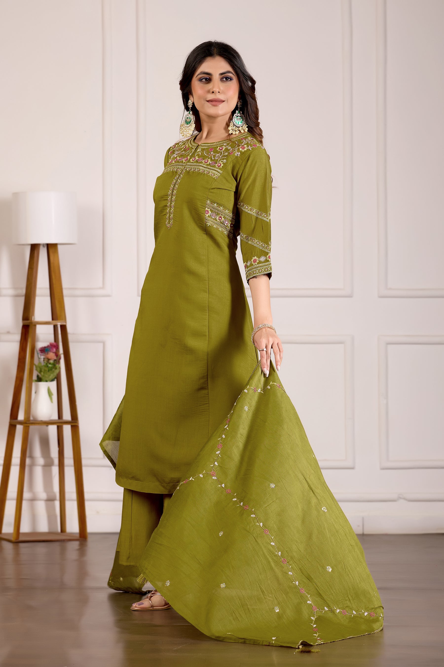 Lorenvalley Fashion Mehendi Viscose Mango Silk Multi Embroidery Thread with Hand Work Kurta Palazzo Dupatta