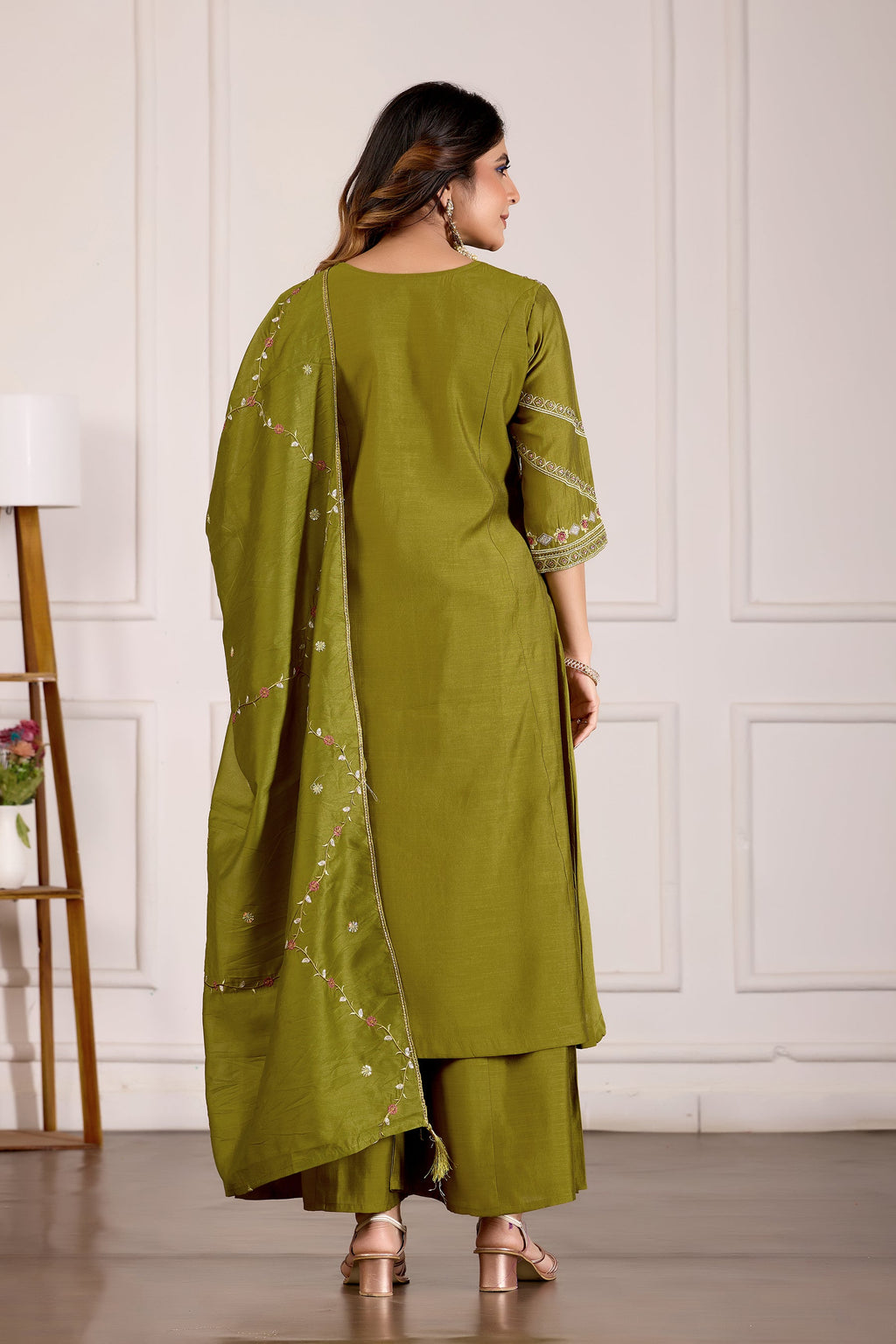 Lorenvalley Fashion Mehendi Viscose Mango Silk Multi Embroidery Thread with Hand Work Kurta Palazzo Dupatta
