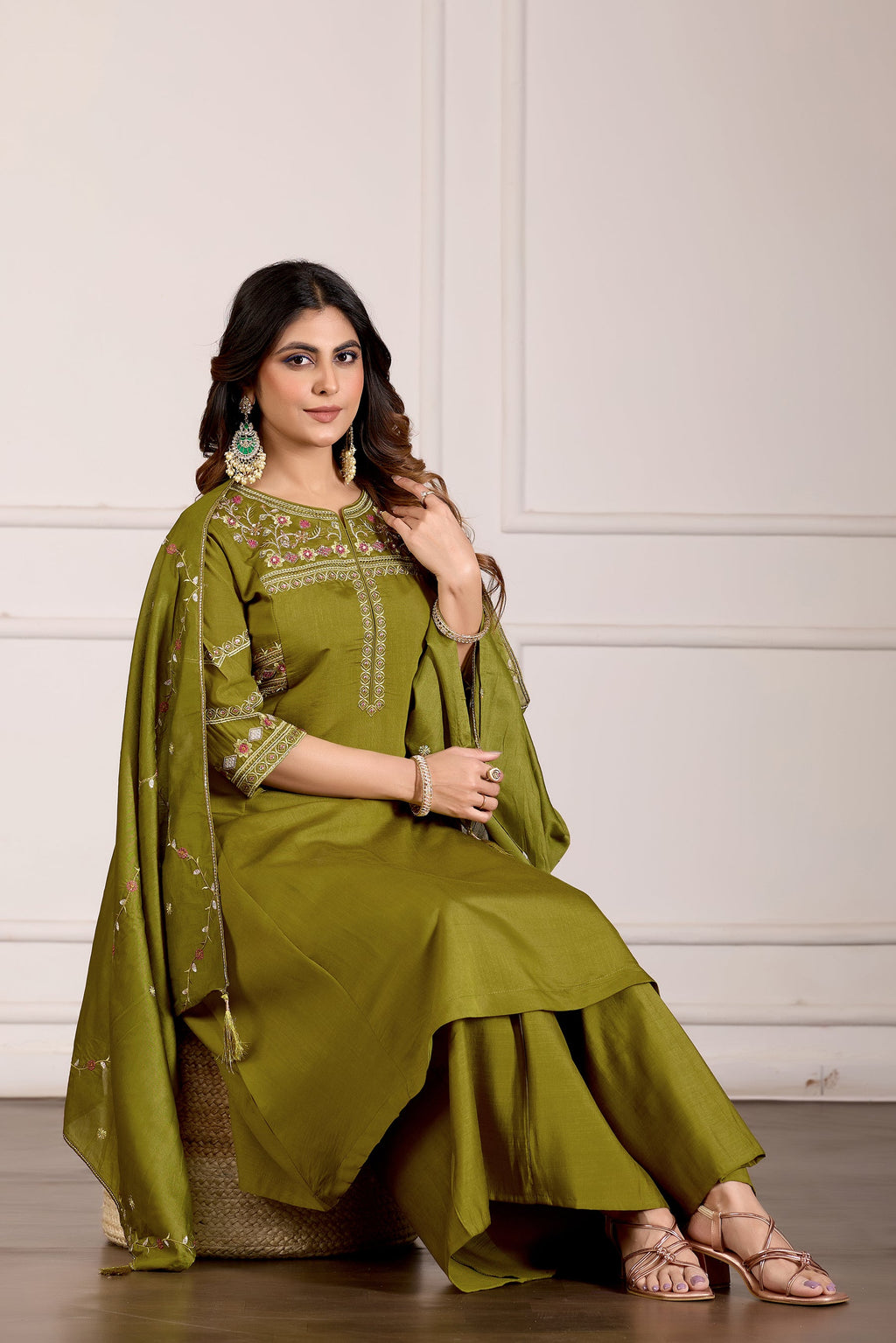 Lorenvalley Fashion Mehendi Viscose Mango Silk Multi Embroidery Thread with Hand Work Kurta Palazzo Dupatta