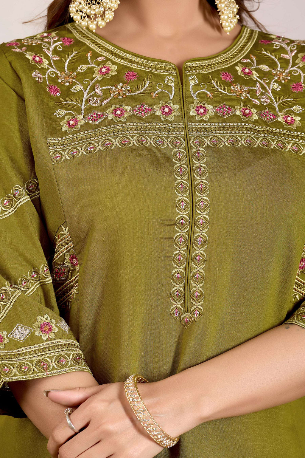 Lorenvalley Fashion Mehendi Viscose Mango Silk Multi Embroidery Thread with Hand Work Kurta Palazzo Dupatta