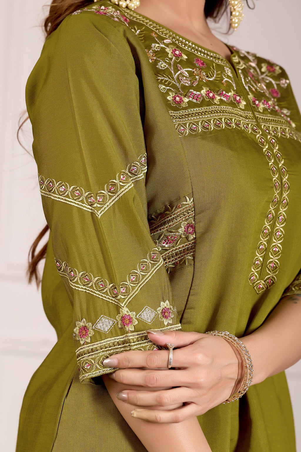 Lorenvalley Fashion Mehendi Viscose Mango Silk Multi Embroidery Thread with Hand Work Kurta Palazzo Dupatta