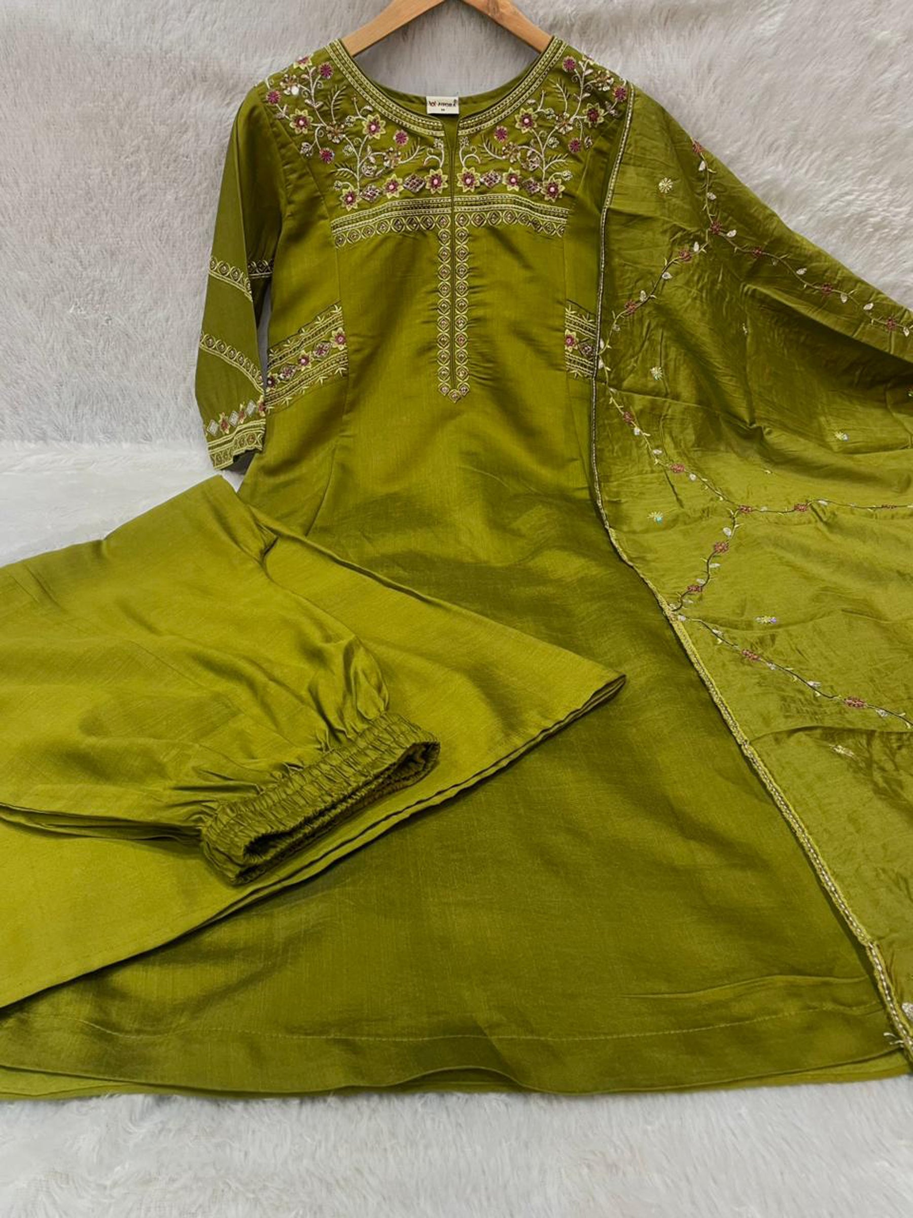 Lorenvalley Fashion Mehendi Viscose Mango Silk Multi Embroidery Thread with Hand Work Kurta Palazzo Dupatta