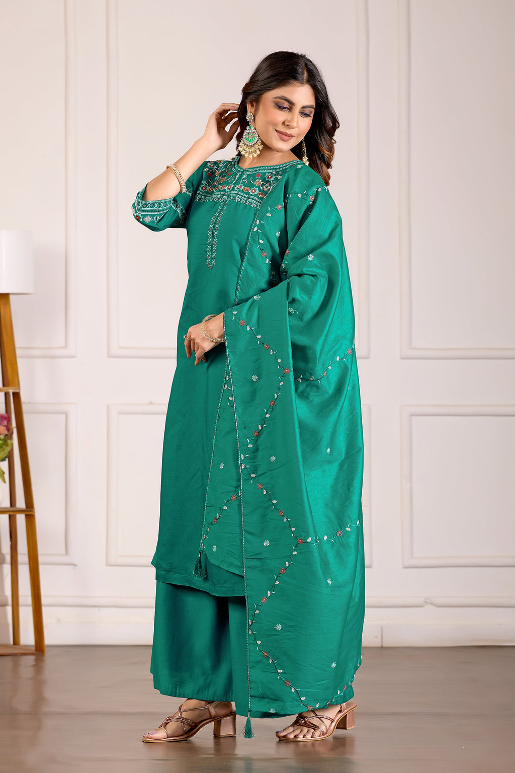 Lorenvalley Fashion Teal Viscose Mango Silk Multi Embroidery Thread with Hand Work Kurta Palazzo Dupatta