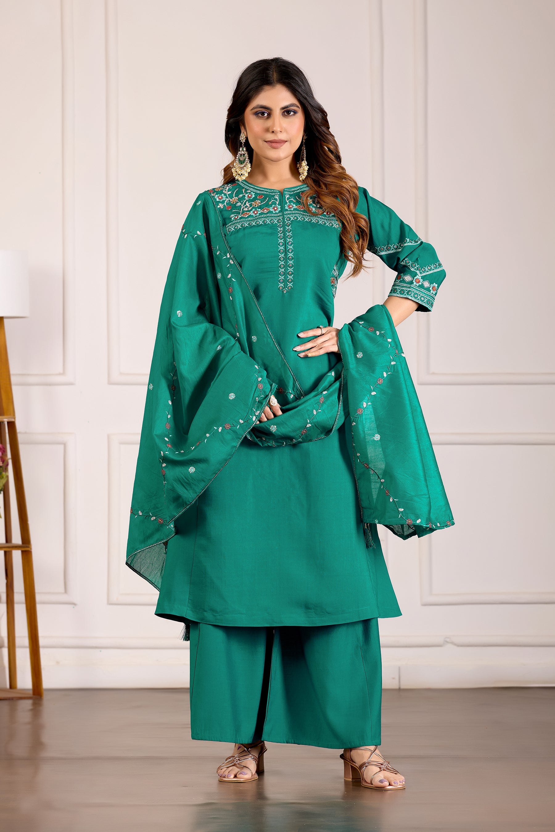 Lorenvalley Fashion Teal Viscose Mango Silk Multi Embroidery Thread with Hand Work Kurta Palazzo Dupatta
