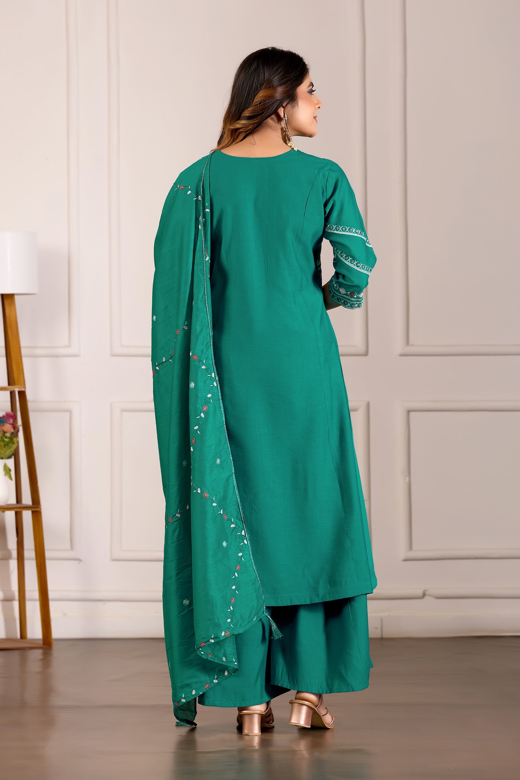 Lorenvalley Fashion Teal Viscose Mango Silk Multi Embroidery Thread with Hand Work Kurta Palazzo Dupatta