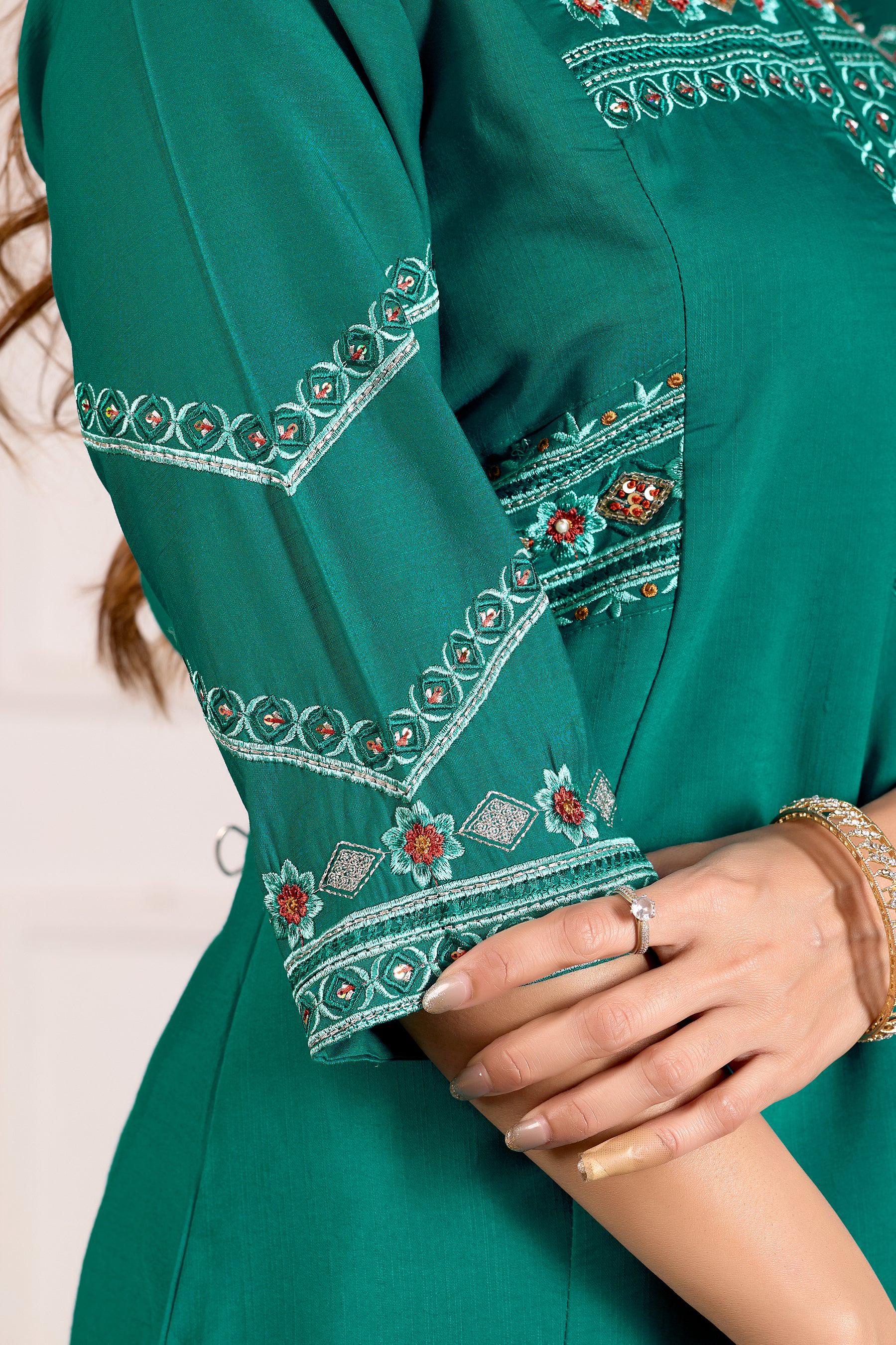 Lorenvalley Fashion Teal Viscose Mango Silk Multi Embroidery Thread with Hand Work Kurta Palazzo Dupatta