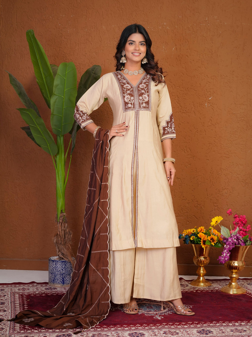 Lorenvalley Fashion Cream Roman Silk Multi Embroidery Thread With Beautiful Hand Work Kurta Palazzo Dupatta