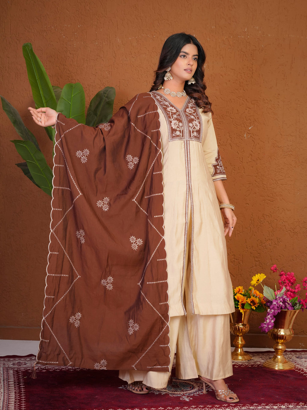 Lorenvalley Fashion Cream Roman Silk Multi Embroidery Thread With Beautiful Hand Work Kurta Palazzo Dupatta