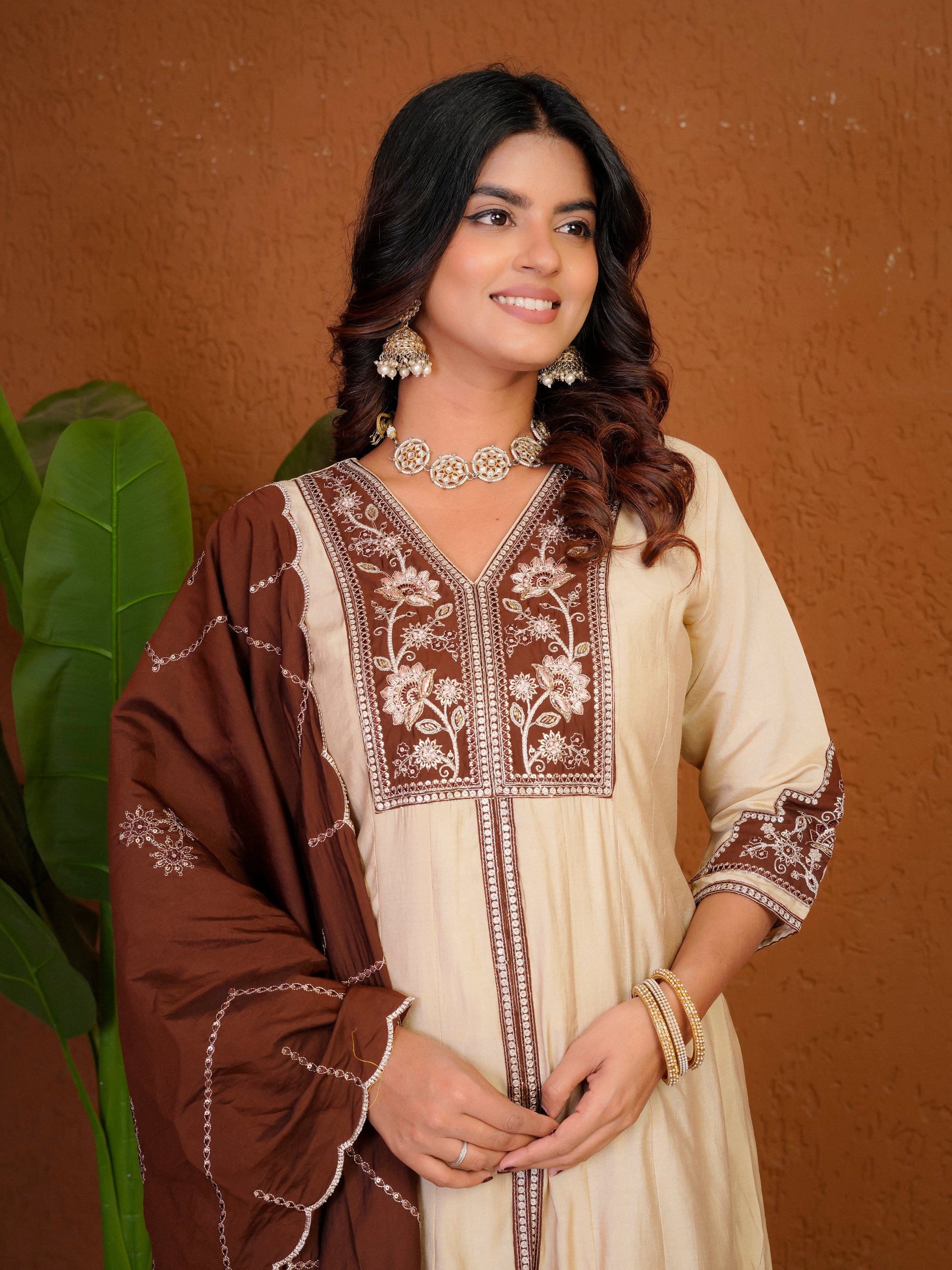 Lorenvalley Fashion Cream Roman Silk Multi Embroidery Thread With Beautiful Hand Work Kurta Palazzo Dupatta