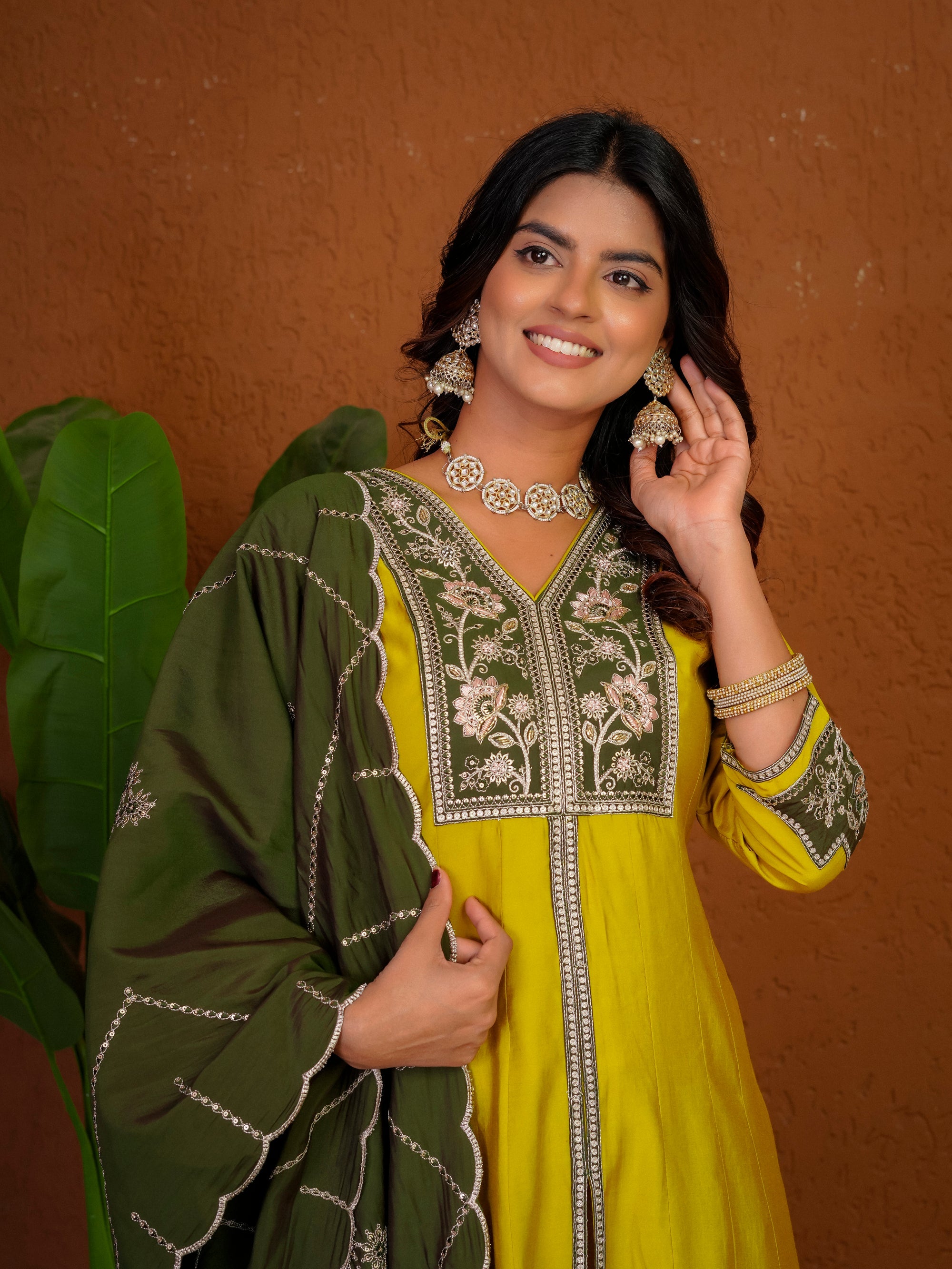 Lorenvalley Fashion Mustard Roman Silk Multi Embroidery Thread With Beautiful Hand Work Kurta Palazzo Dupatta