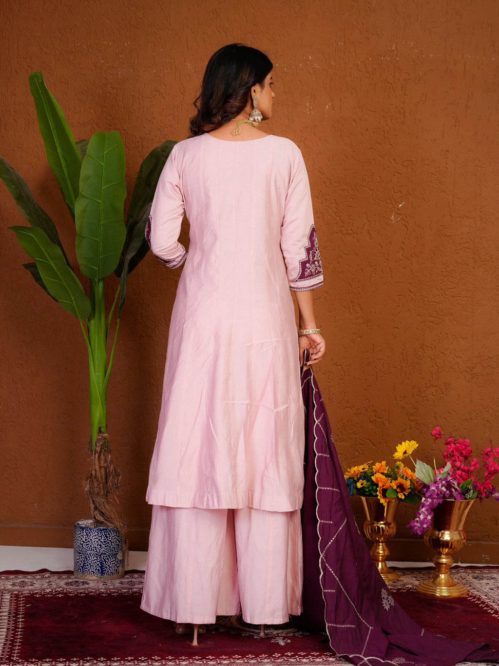 Lorenvalley Fashion Pink Roman Silk Multi Embroidery Thread With Beautiful Hand Work Kurta Palazzo Dupatta
