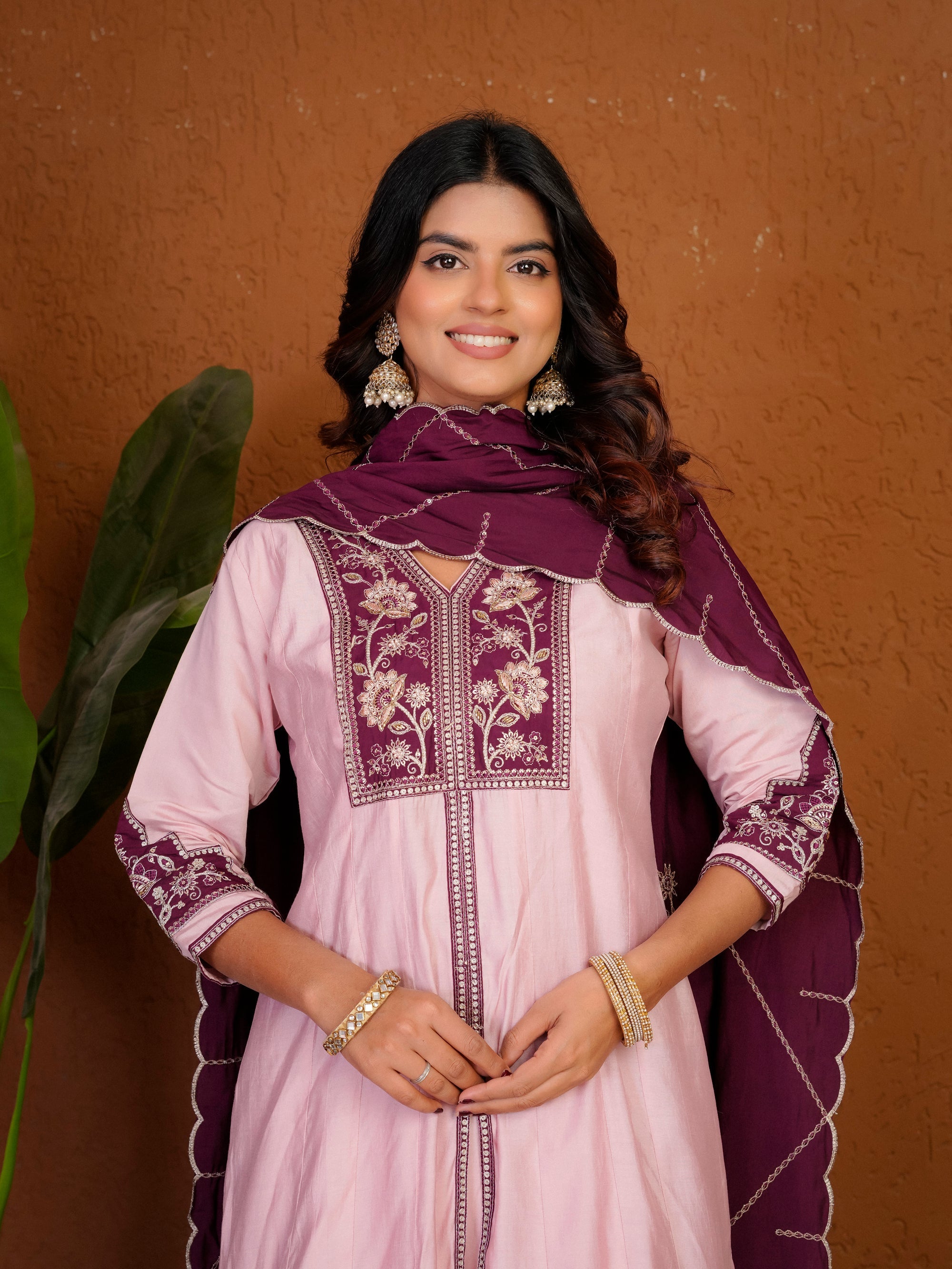 Lorenvalley Fashion Pink Roman Silk Multi Embroidery Thread With Beautiful Hand Work Kurta Palazzo Dupatta