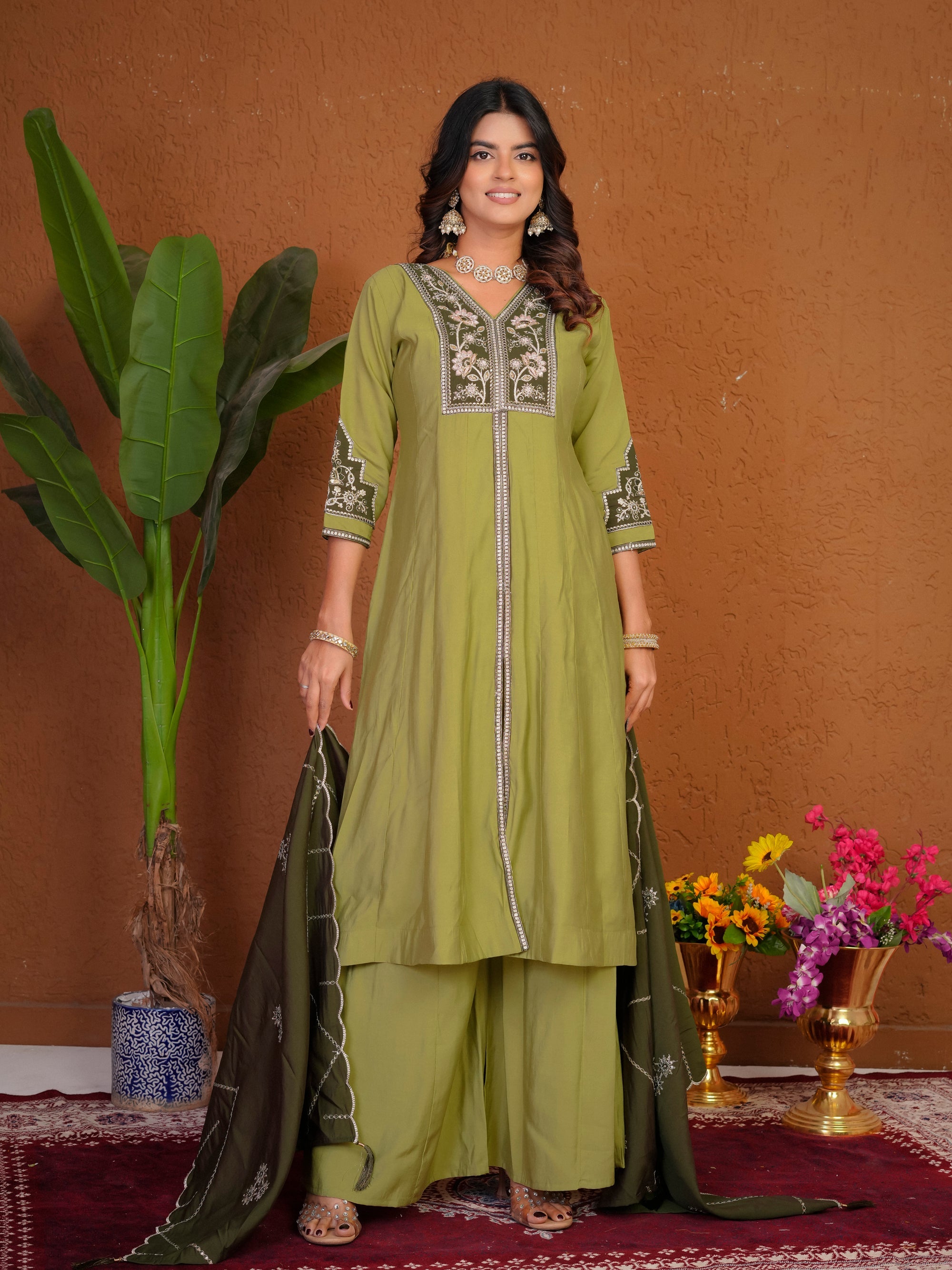 Lorenvalley Fashion Pista Roman Silk Multi Embroidery Thread With Beautiful Hand Work Kurta Palazzo Dupatta