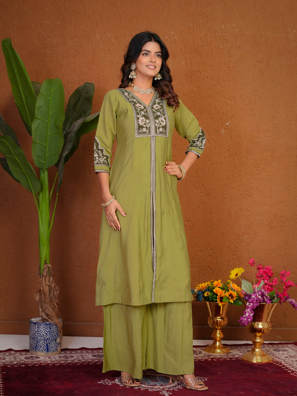 Lorenvalley Fashion Pista Roman Silk Multi Embroidery Thread With Beautiful Hand Work Kurta Palazzo Dupatta